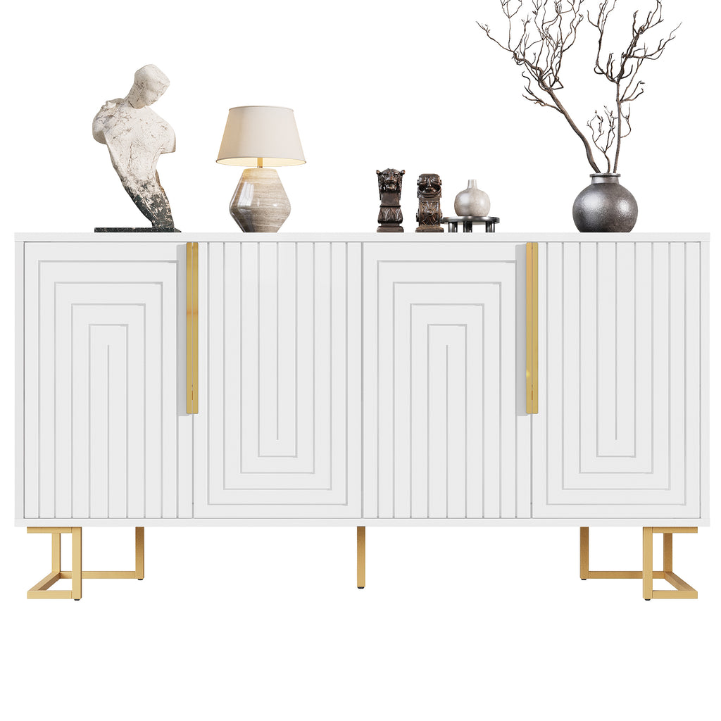 White sideboard (152 x 40 x 75 cm) features a unique geometric design and gold handles and feet for an elegant feel.