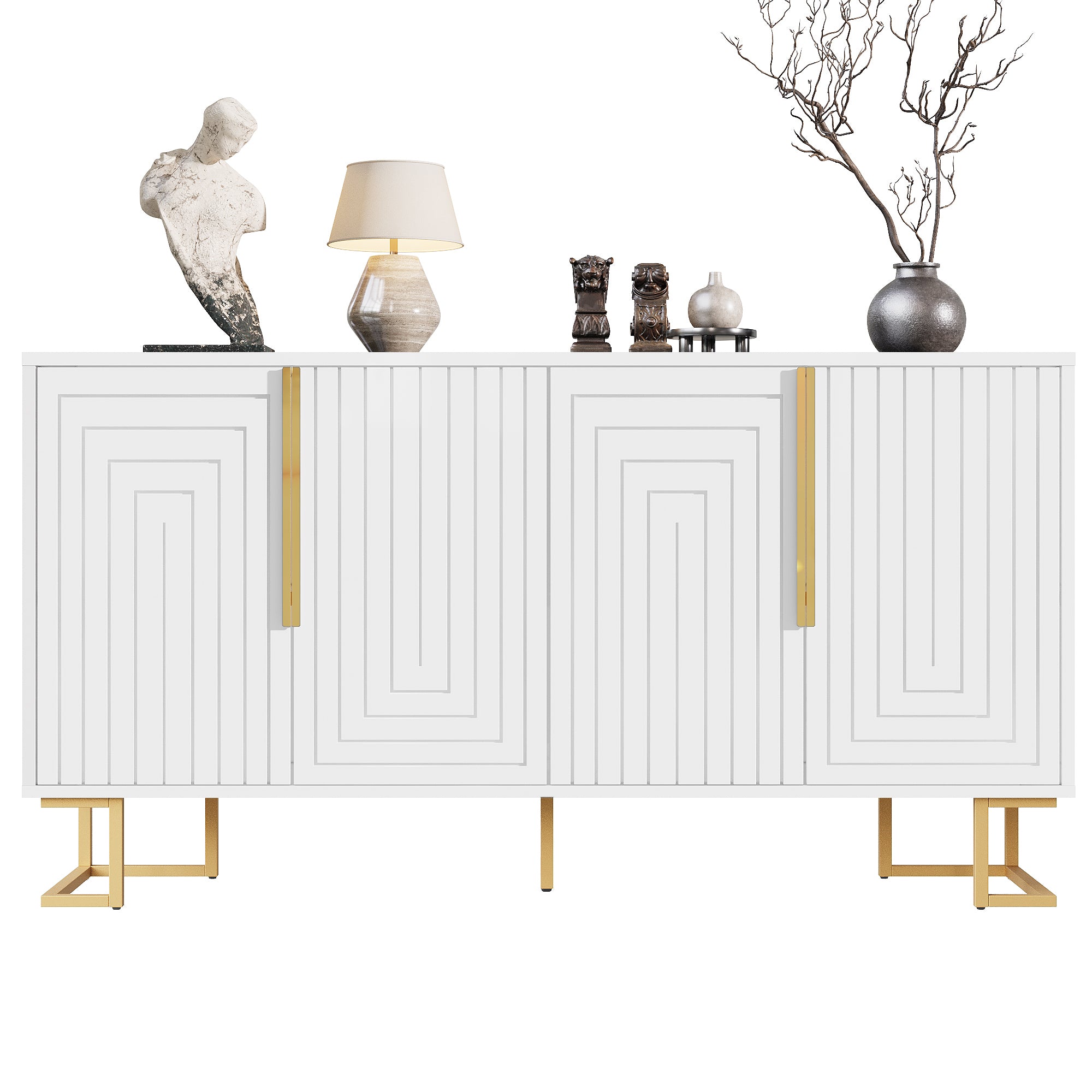 White sideboard (152 x 40 x 75 cm) features a unique geometric design and gold handles and feet for an elegant feel.