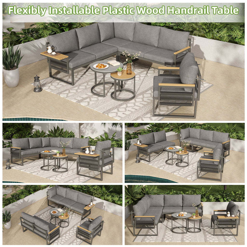 5-6 Seater Garden Furniture Set, Rope Woven Outdoor Corner Sofa with Matching Armchair, 2 Nesting Tempered Glass Coffee Tables and Adjustable Handrail Trays, Patio Lounge Set, Linen, Grey