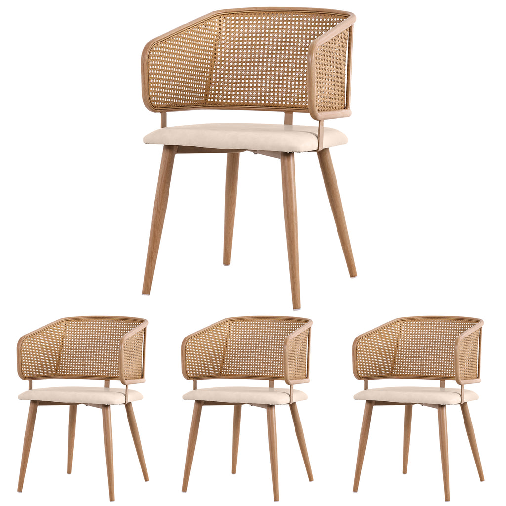 Modern Dining Chairs (4 pcs) with Rattan Backrest & PU Leather Seat, Breathable and Comfortable Dining Chairs for Restaurant, Living Room, Café , Contemporary Simple Style, Beige