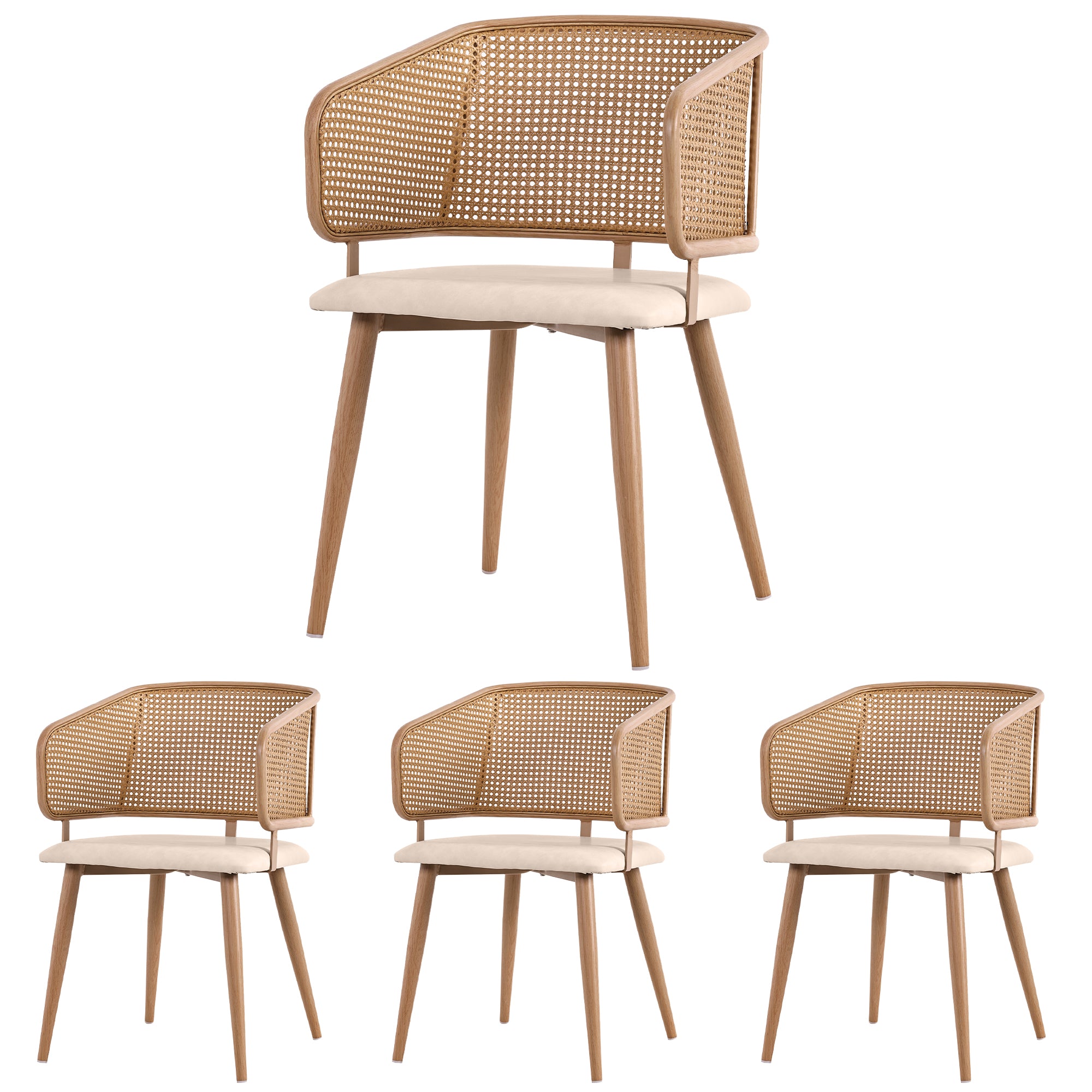 Modern Dining Chairs (4 pcs) with Rattan Backrest & PU Leather Seat, Breathable and Comfortable Dining Chairs for Restaurant, Living Room, Café , Contemporary Simple Style, Beige