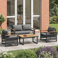 4 Seater Garden Set with Plastic Wood Coffee Table & Handrail, Polyester Rope Outdoor Set with Sofa and Armchairs, Weatherproof Outdoor Patio Sofa for Balcony and Terrace, Linen, Grey