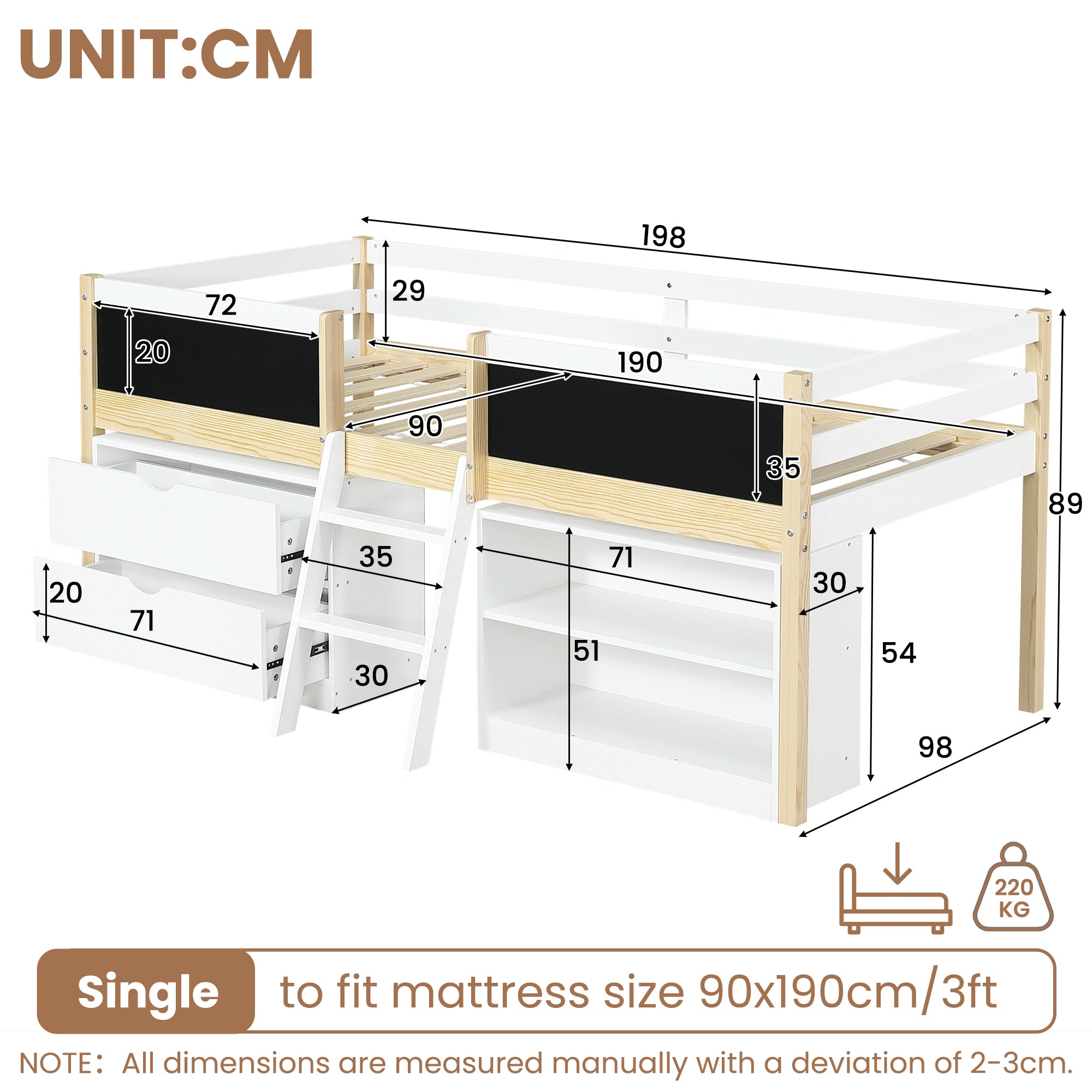 3ft Single Low Loft Bed with Blackboard, Modern Wood Bed Frame with Drawers and Storage Shelves, Under-bed Space, Modern Bed with Safety Guardrail, Saving-space Design, White (No Mattress)