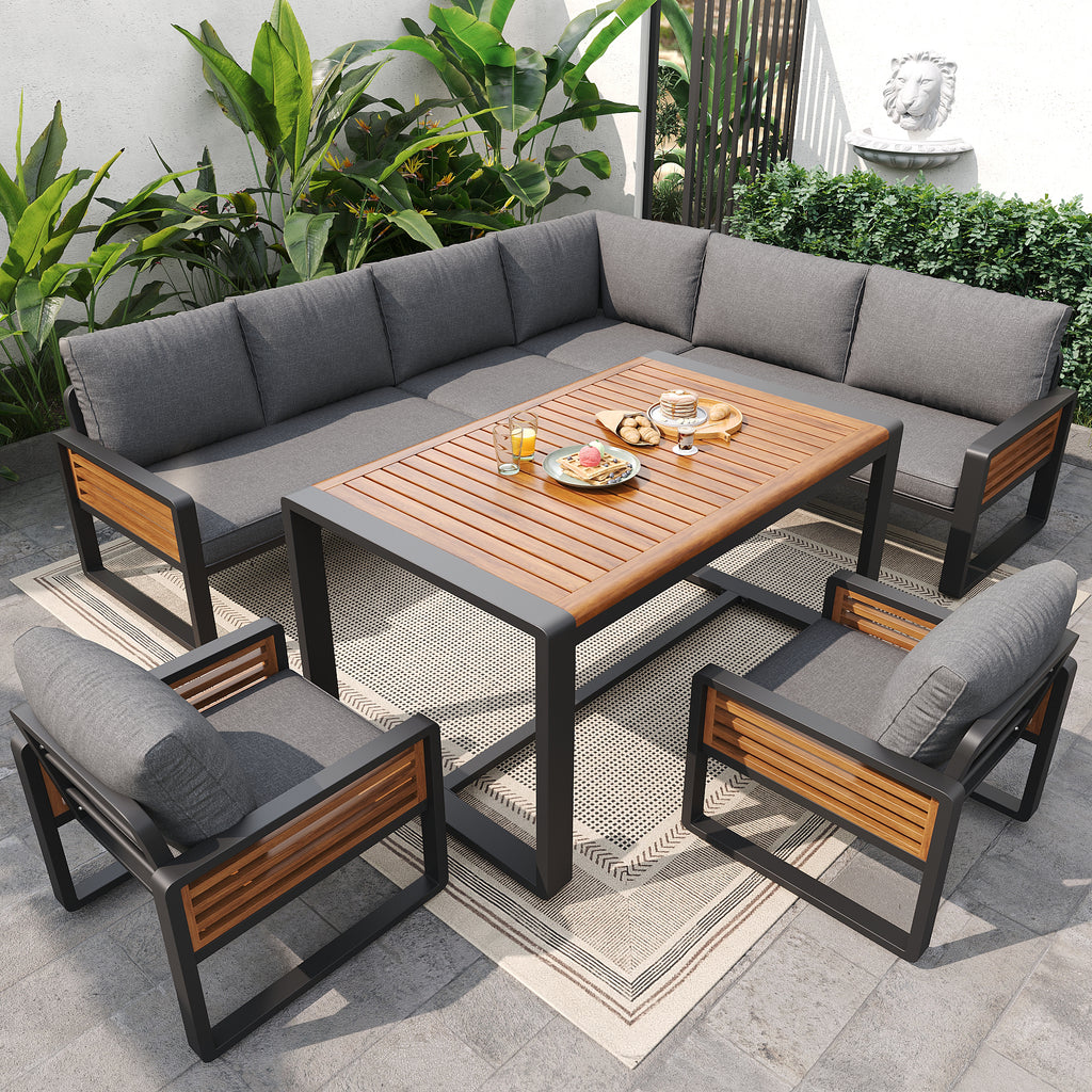 Garden lounge set, garden sofa with dining table made of solid wood, furniture set for 8 people, adjustable legs, all seat and back cushions included, gray
