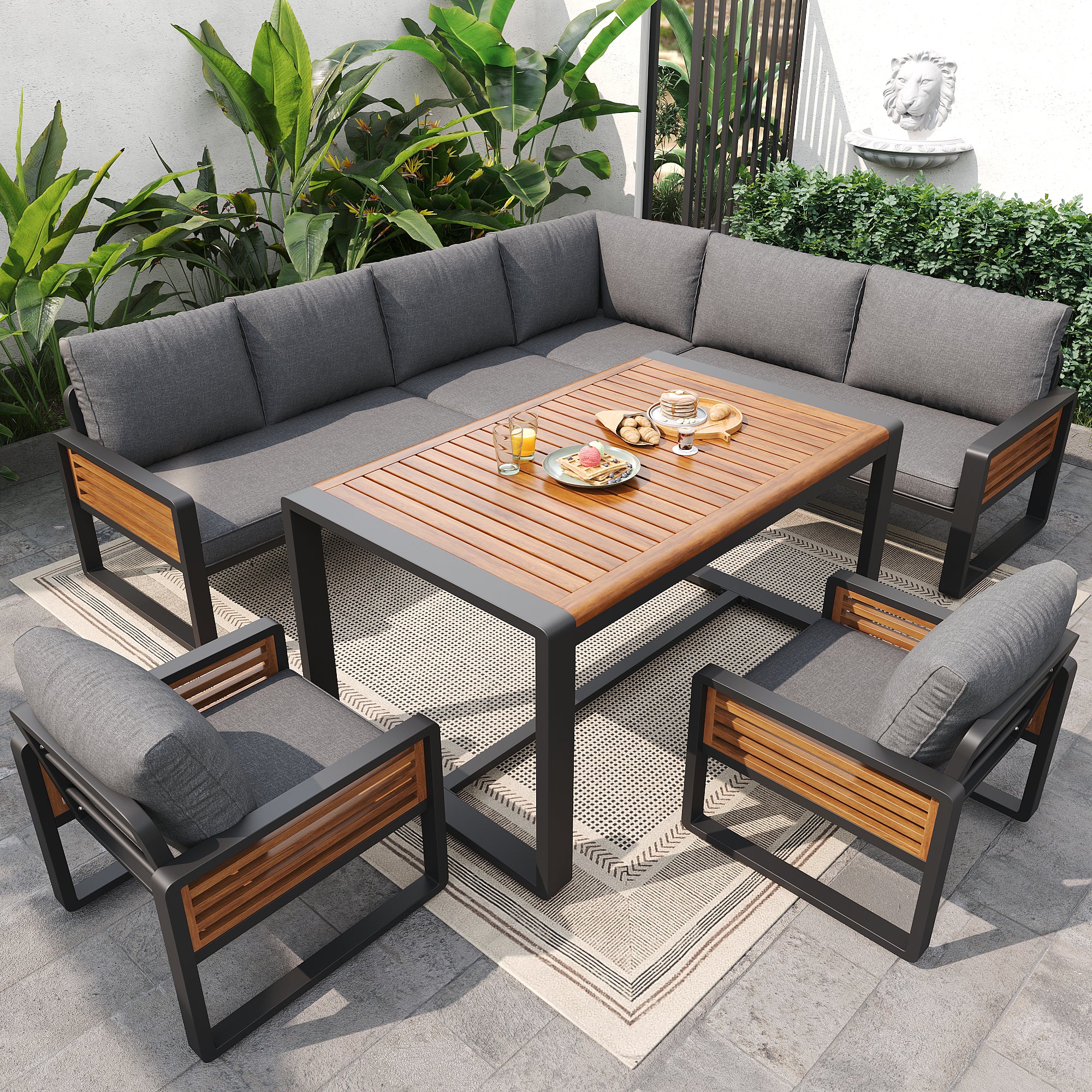 Garden lounge set, garden sofa with dining table made of solid wood, furniture set for 8 people, adjustable legs, all seat and back cushions included, gray