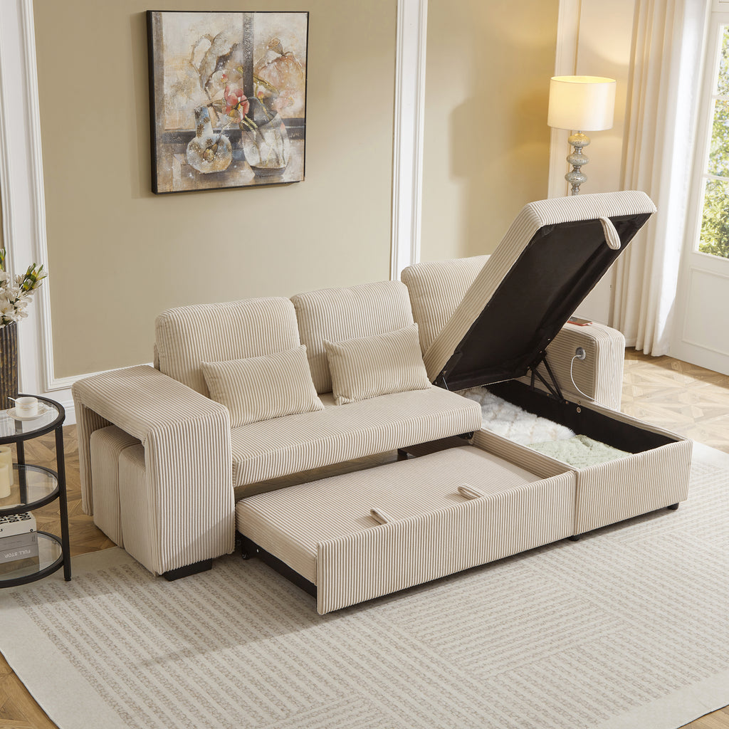 Modern L-Shaped Convertible Sofa Bed, 3-in-1 Convertible Sofa Bed with Internal Storage Chaise, Nesting Footstools, Integrated Charging Station & Adjustable Armrest Side Storage, Corduroy Fabric,Beige