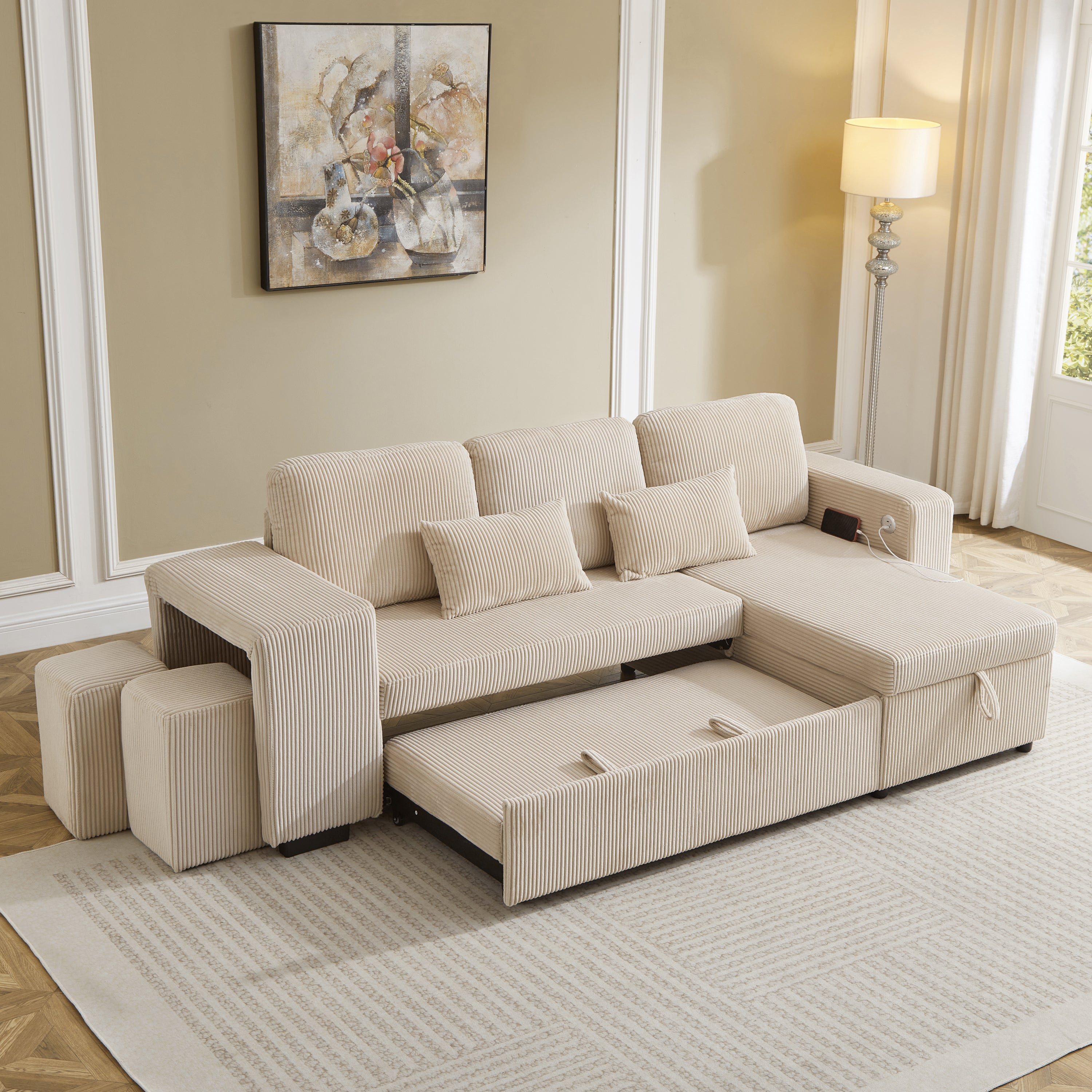 Modern L-Shaped Convertible Sofa Bed, 3-in-1 Convertible Sofa Bed with Internal Storage Chaise, Nesting Footstools, Integrated Charging Station & Adjustable Armrest Side Storage, Corduroy Fabric,Beige
