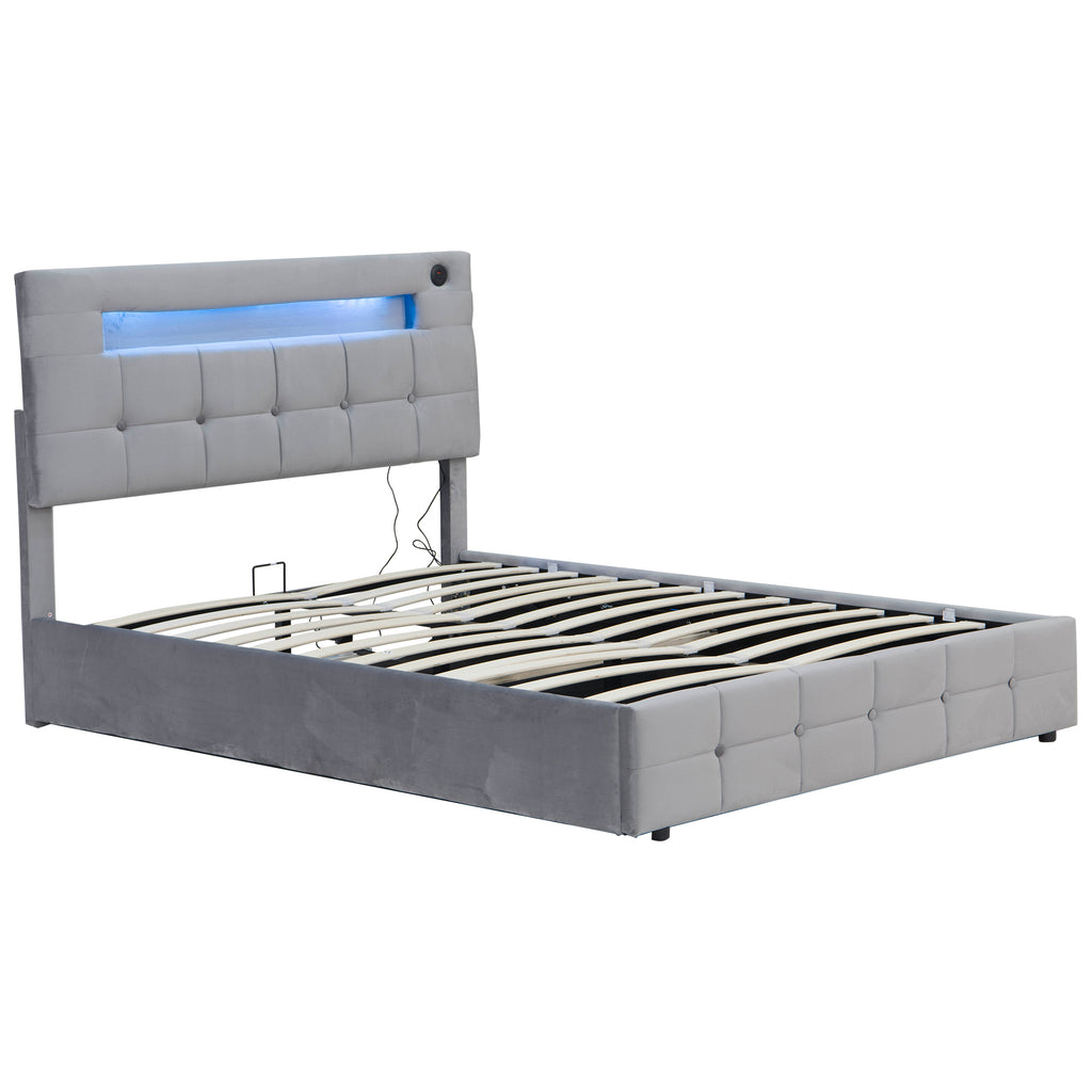 4ft6 Double Upholstered Bed Frame with Hydraulic Storage, Velvet Ottoman Bed with LED Lighting and Charging Station,  Double Bed with Adjustable Button Tufted Headboard, No Box Spring Needed, Grey