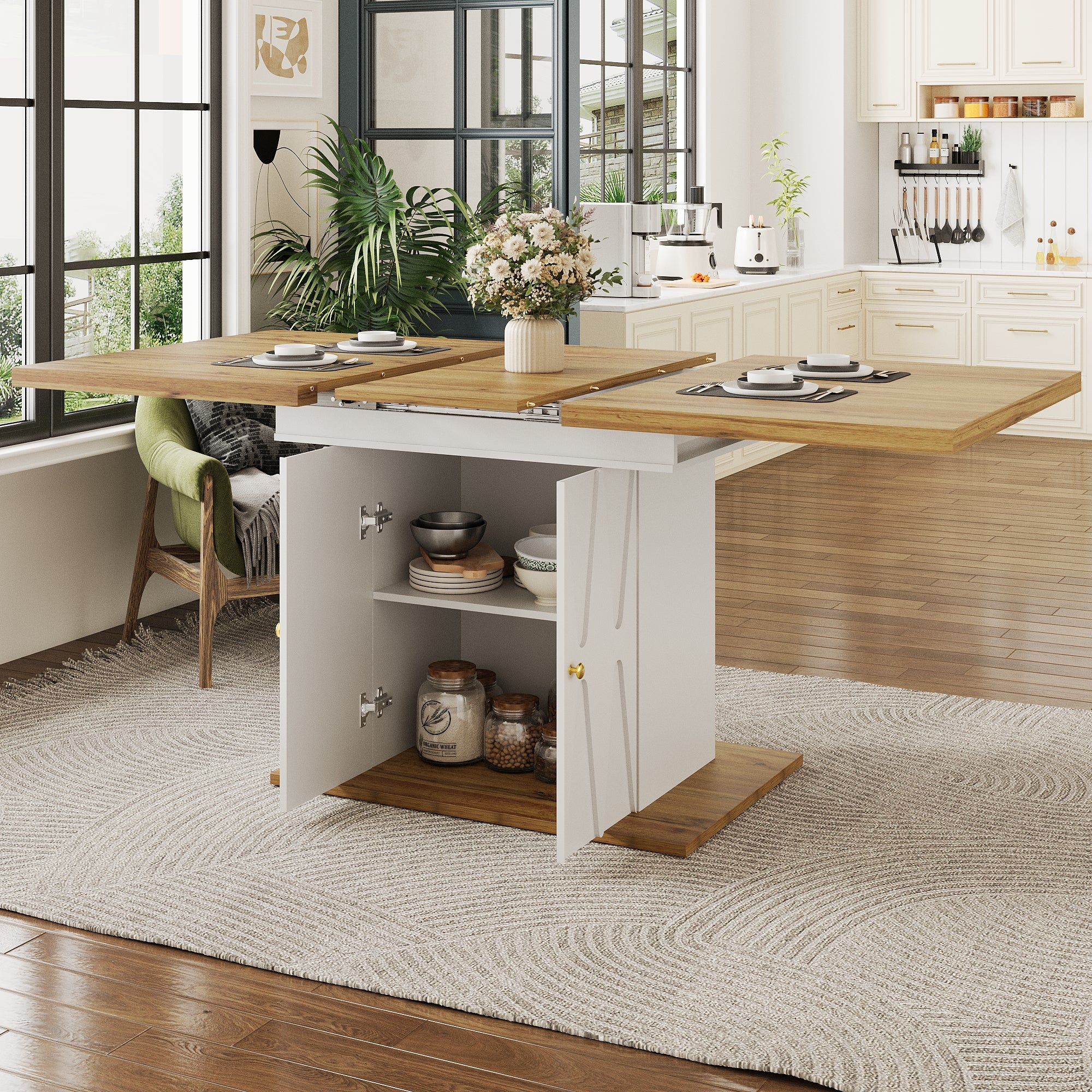 Extendable Dining Table with Relief Pattern - For Kitchen & Living Room, Wood Veneer Finish, Size 110x70x76.5cm (Extends to 140cm)