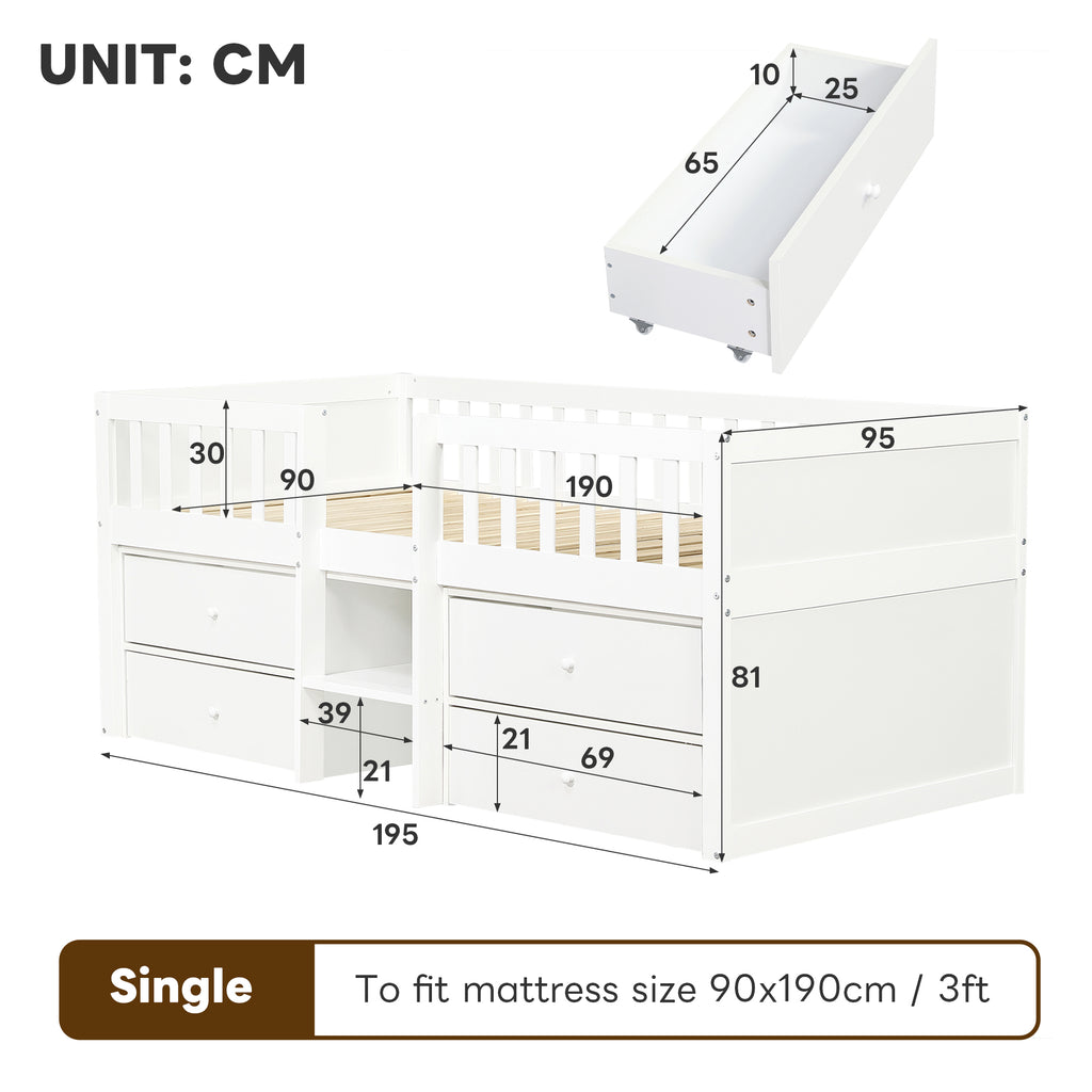 Low Loft Bed with Storage, Solid Wood Bed Frame with Drawer Storage, 3ft Single Bed with Guardrail, No Box Spring Needed, Saving-space Design for Bedroom, Modern Bed for Children, White (No Mattress)