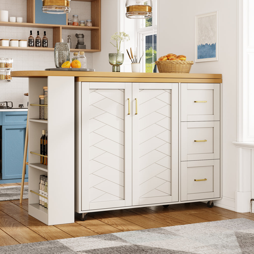 Extendable Bar Cart with 2 Doors & 3 Drawers (135-228 x 39 x 104 cm), Rollable, Home Bar in White, Worktop in Wood Look