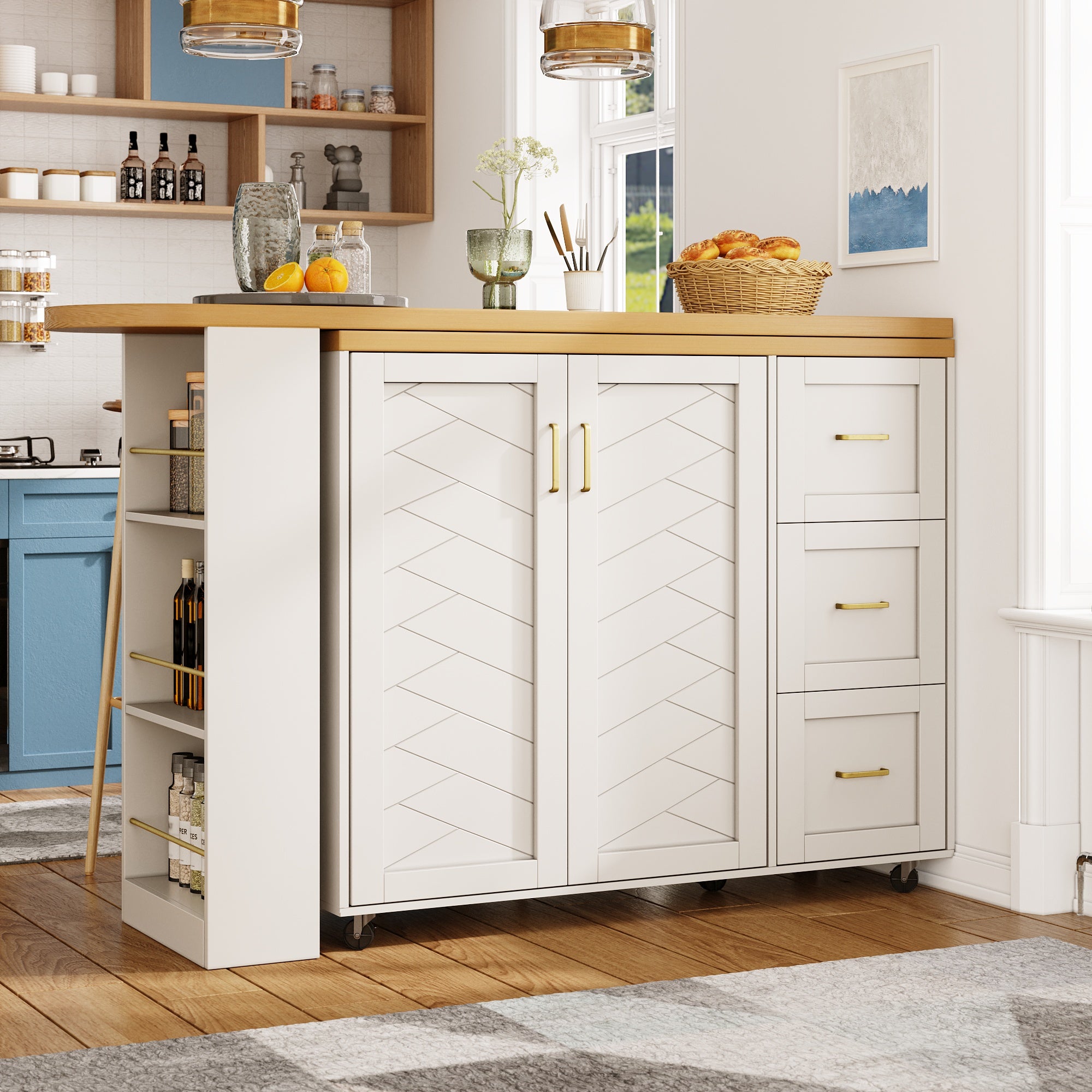 Extendable Bar Cart with 2 Doors & 3 Drawers (135-228 x 39 x 104 cm), Rollable, Home Bar in White, Worktop in Wood Look
