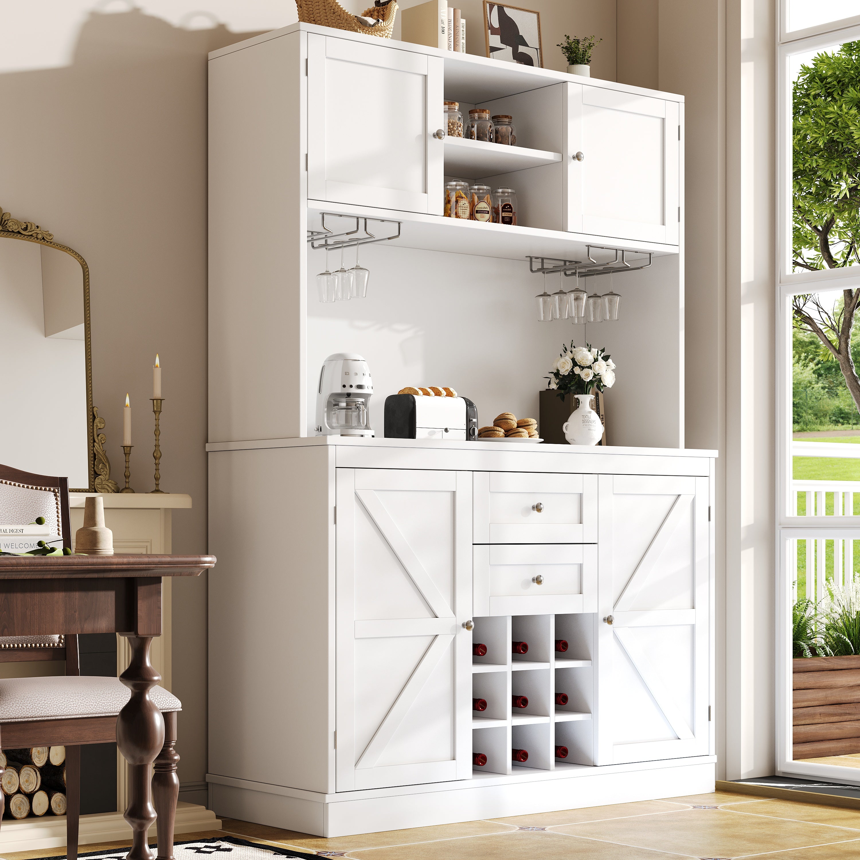 Kitchen Cabinet with Adjustable Shelves & Wine Rack, Tall Kitchen Cabinet with 4 Doors & 2 Drawers, Sideboard for Kitchen & Living Room, Buffet Cabinet, White/Balck