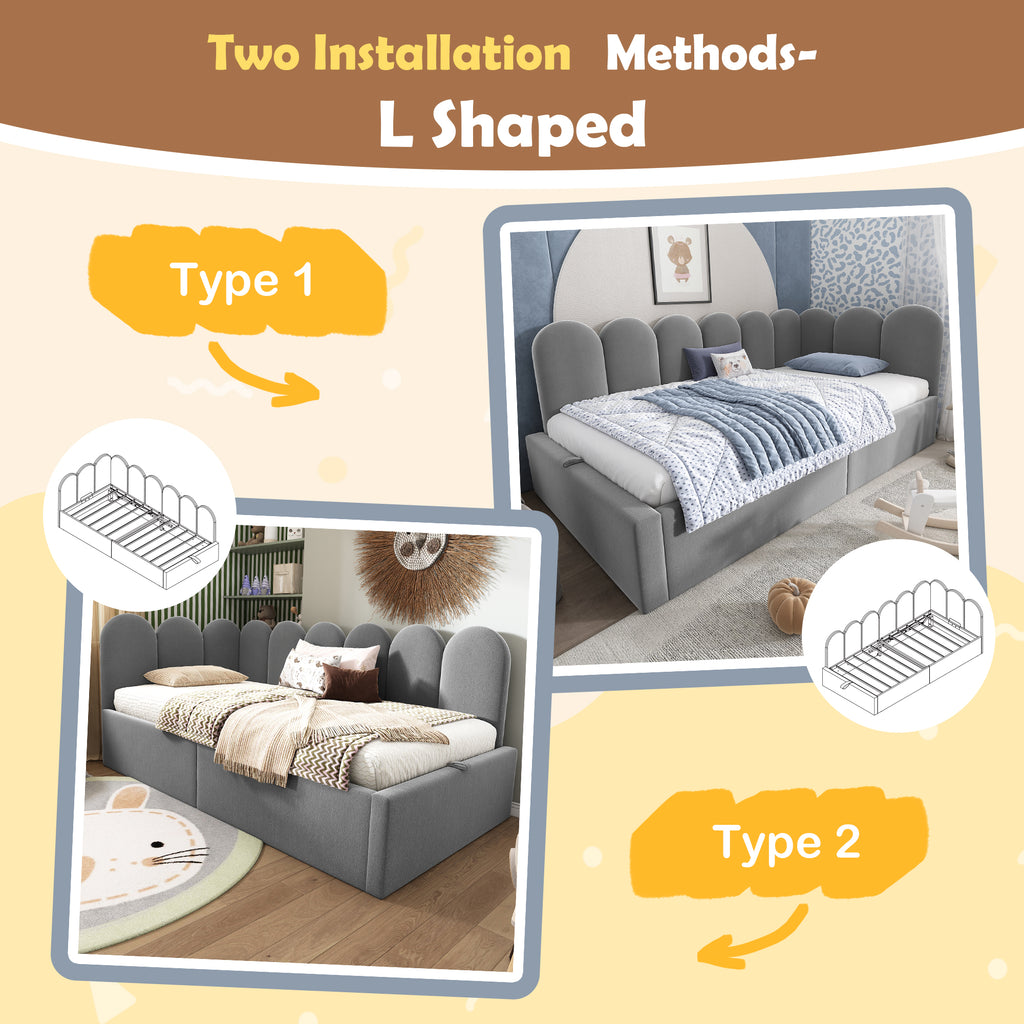 Upholstered Bed Daybed with Storage, 3FT Single Sofa Bed 90 x 190 cm, Daybed with Hydraulic Storage, Bed Frame with Metal Slatted Frame, Velvet, Grey (No Mattress)
