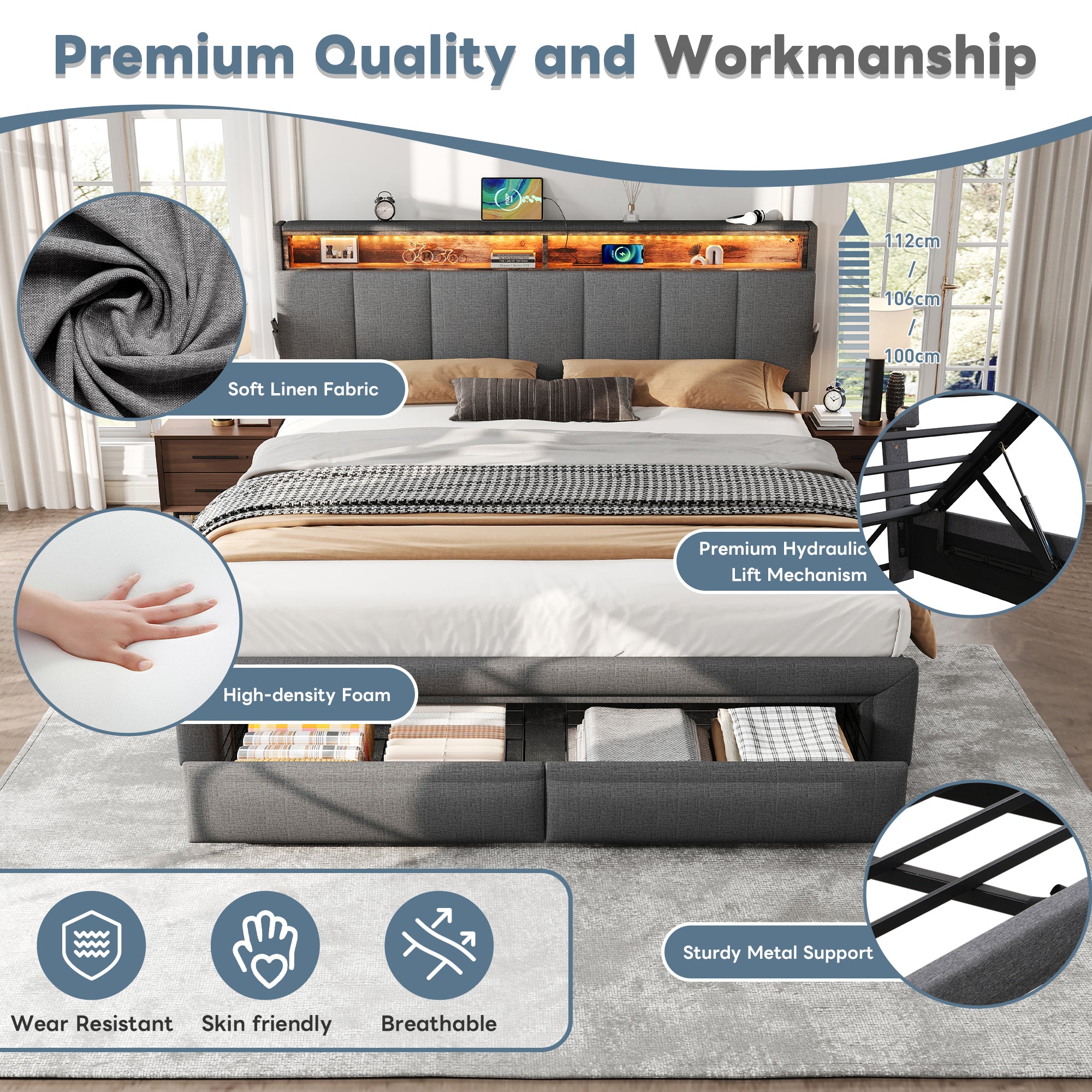 5ft King Upholstered Bed Frame with Hydraulic and Drawers Storage, LED Adjustable Headboard with Charging Station and Concealed Headboard Storage, Linen, No Box Spring Needed, Grey (No Mattress)