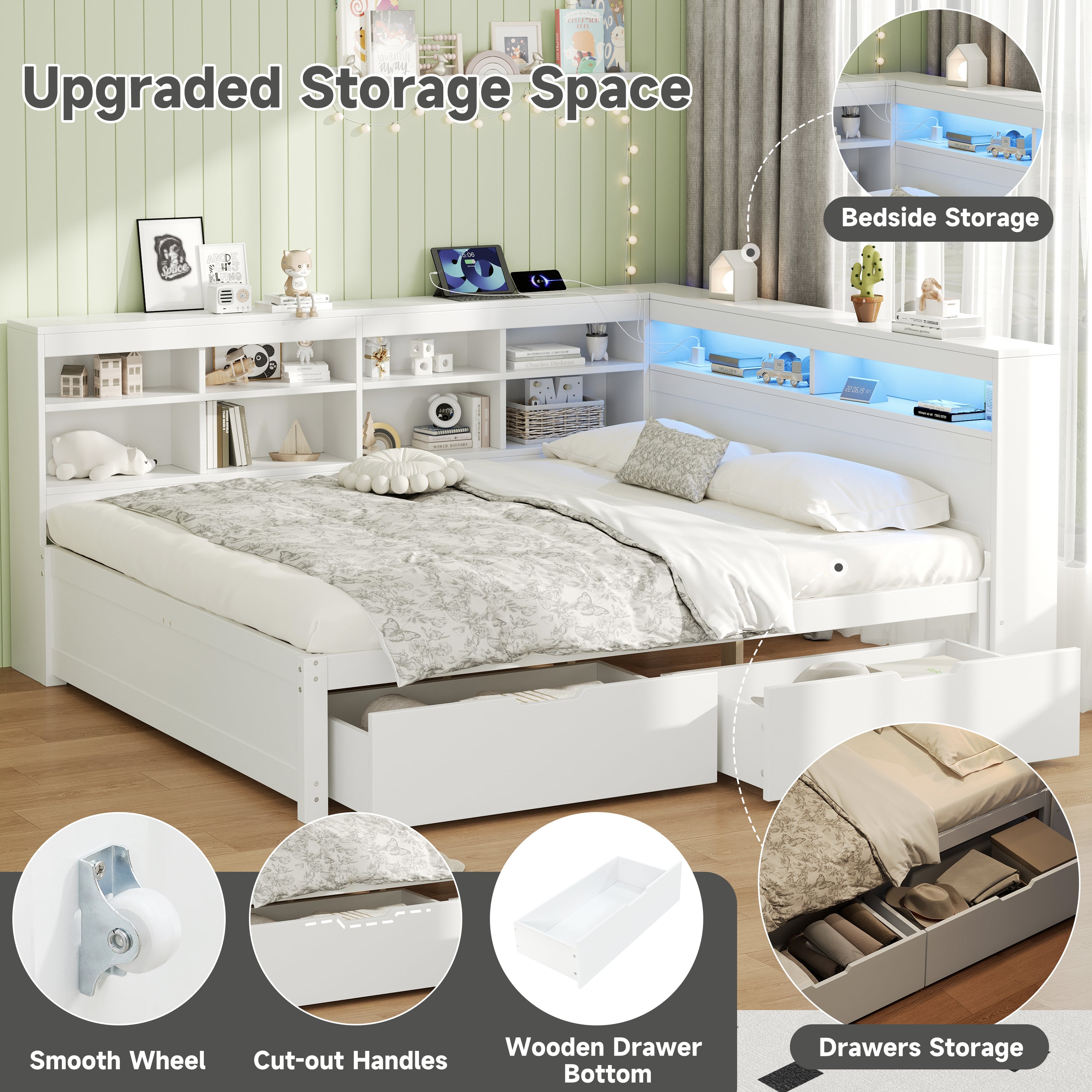 4ft6 Double Daybed with Two Storage Drawers and Beside Storage, LED Modern Bed frame with Charging Station, Wood Bed for Living Room/ Bedroom/ Study Room, 135X190cm, Easy Assembly, White (No Mattress)