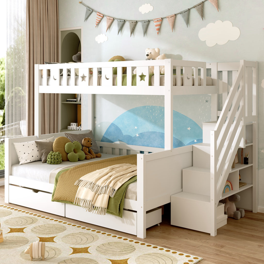 Bunk Bed with Two Storage Drawers and Side Hidden Storage Compartments, Solid Wood Loft Bed Frame with Space-Saving Design, Safety Guardrails & Staircase, Star and Moon Motifs, White (No Mattress)