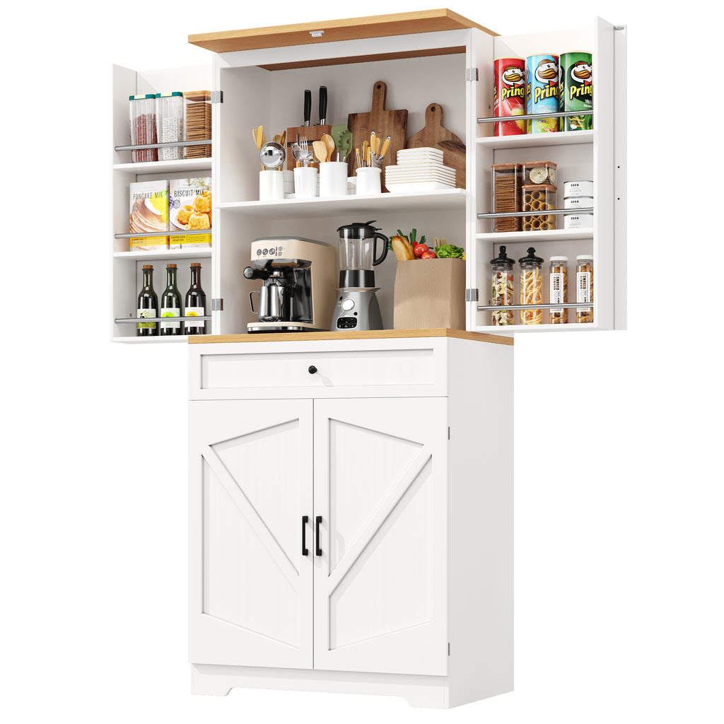 Snack cabinet, kitchen cabinet (80 x 40 x 180 cm), tall kitchen sideboard, storage sideboard, kitchen sideboard with door frame, white, suitable for living room, kitchen, dining room