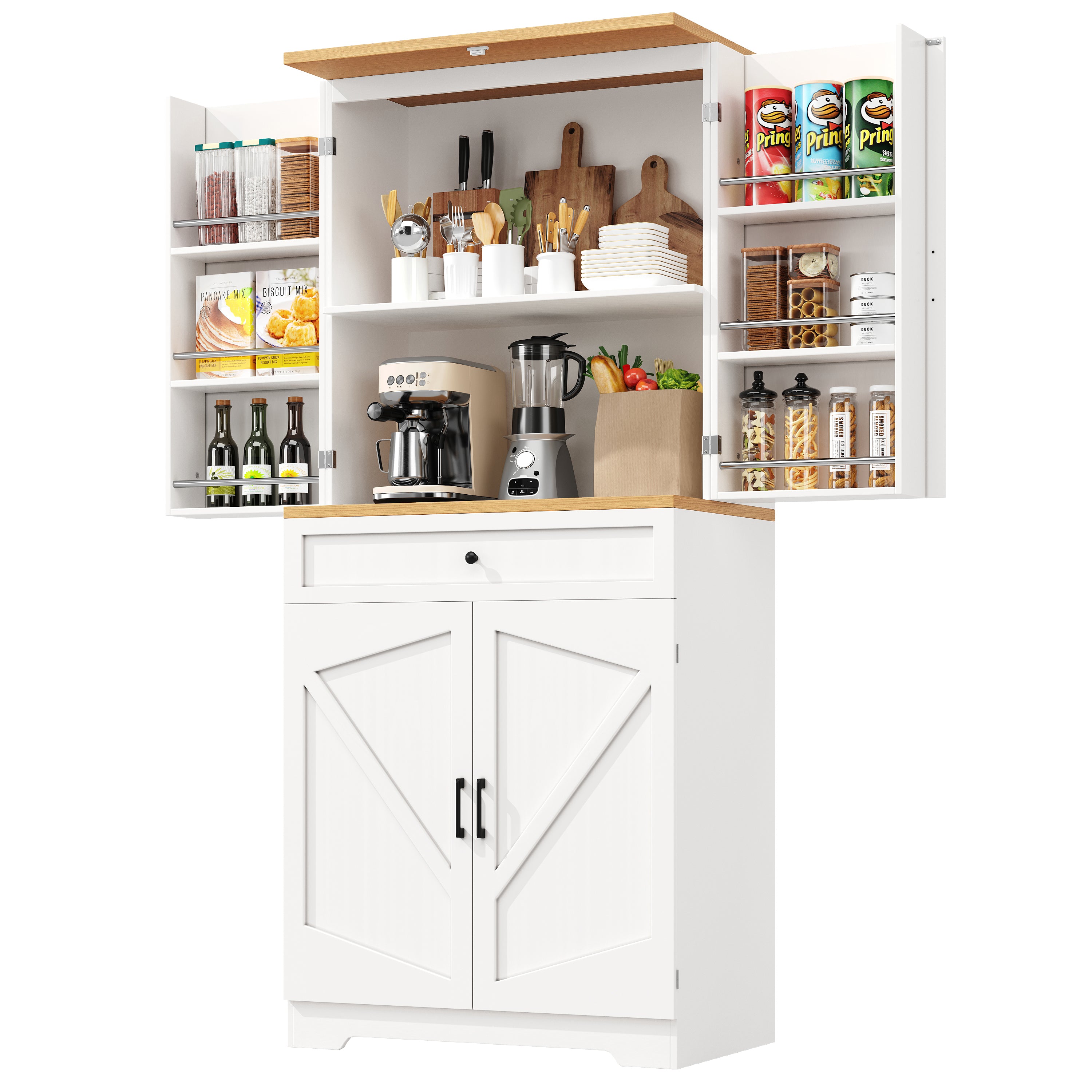 Snack cabinet, kitchen cabinet (80 x 40 x 180 cm), tall kitchen sideboard, storage sideboard, kitchen sideboard with door frame, white, suitable for living room, kitchen, dining room