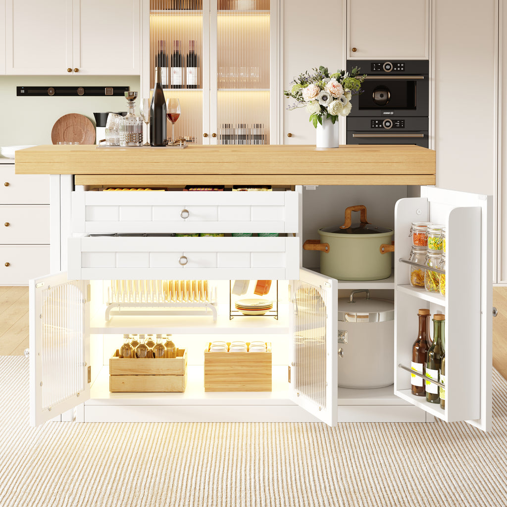 Extendable kitchen island dining table 120–194cm, 360° rotating tabletop, with glass doors, drawers & door snack shelves, white