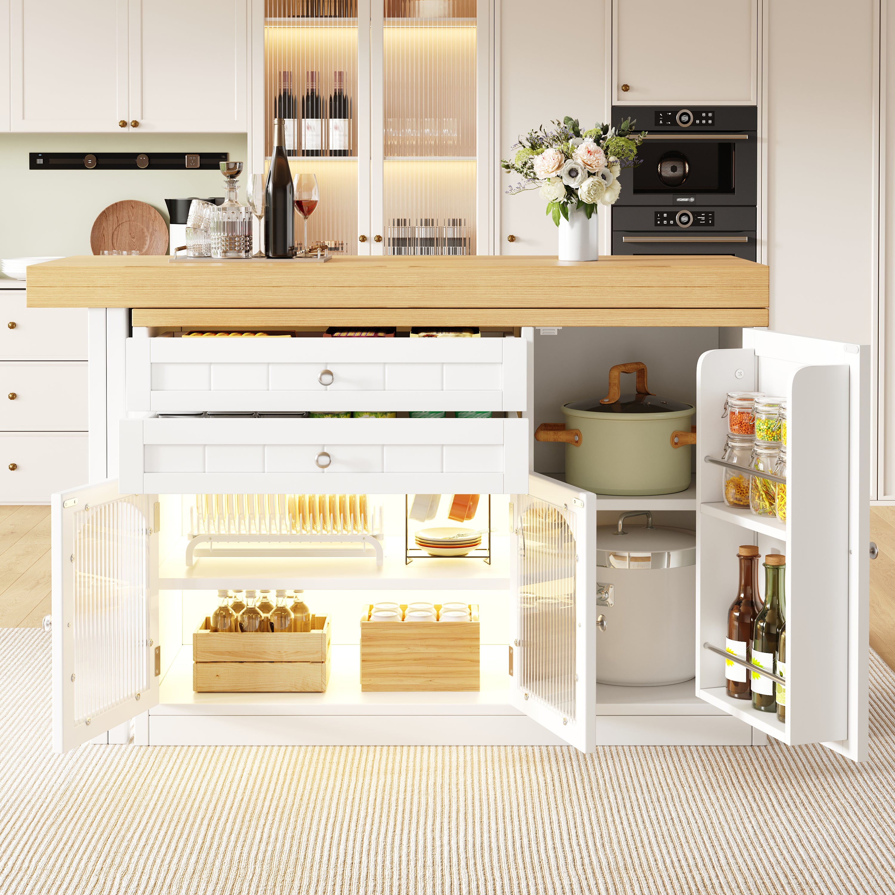 Extendable kitchen island dining table 120–194cm, 360° rotating tabletop, with glass doors, drawers & door snack shelves, white