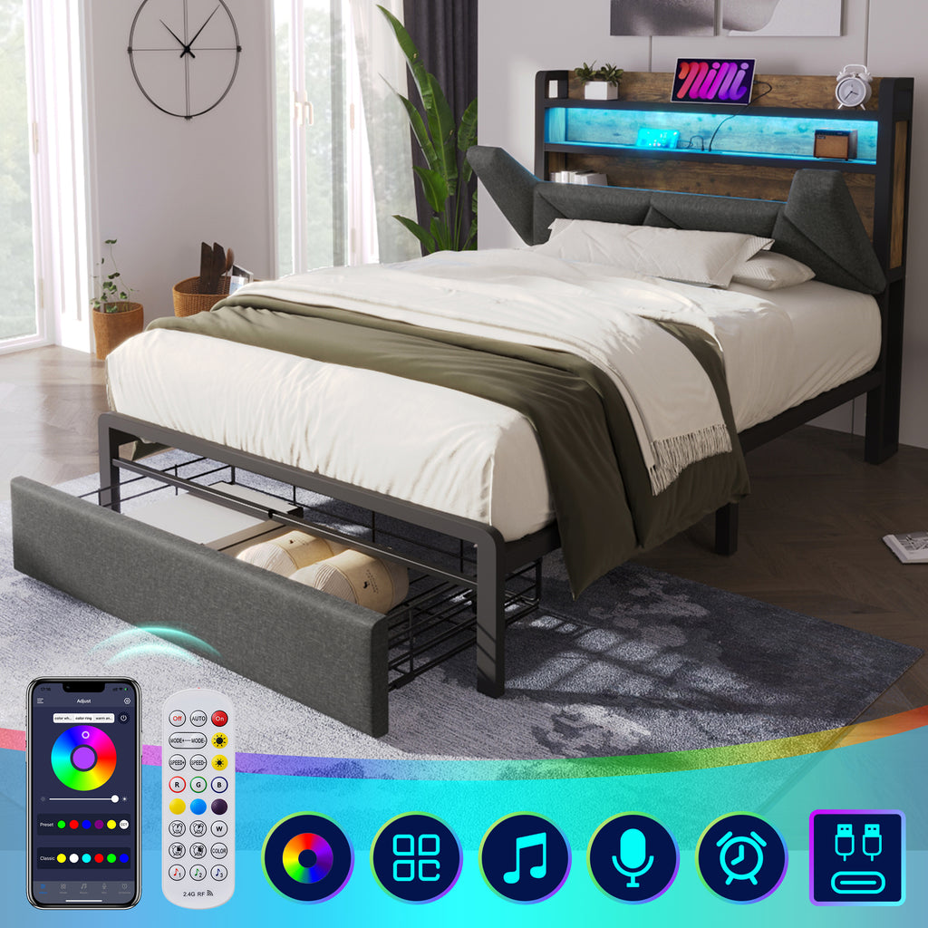 Upholstered Single Bed with LED Lighting, USB Type-C Charging Function, Storage Headboard and Drawers,  3ft Single Bed 90 x 190 cm, Storage Bed Frame with Metal Slatted Frame,Linen, Grey(No Mattress)