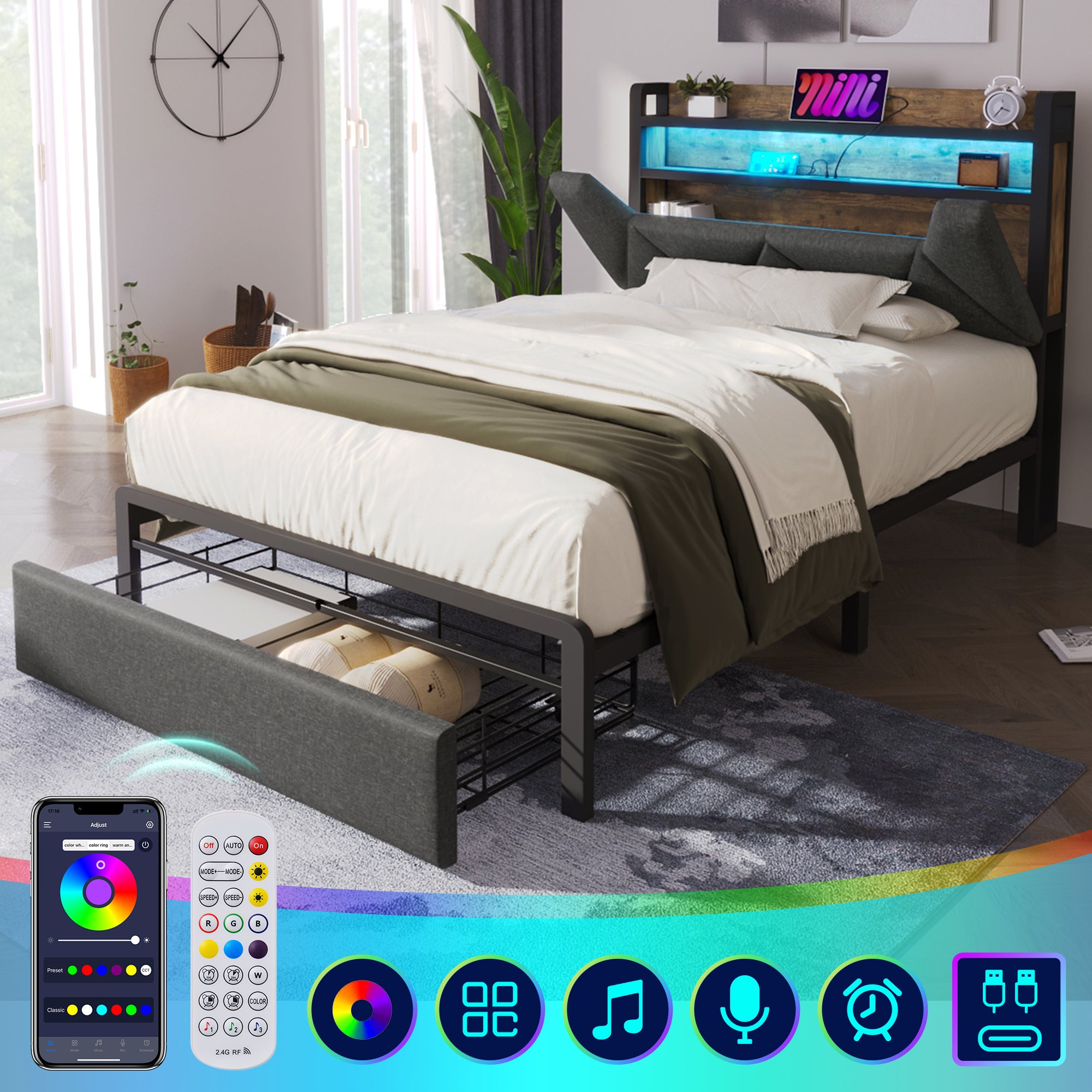 Upholstered Single Bed with LED Lighting, USB Type-C Charging Function, Storage Headboard and Drawers,  3ft Single Bed 90 x 190 cm, Storage Bed Frame with Metal Slatted Frame,Linen, Grey(No Mattress)