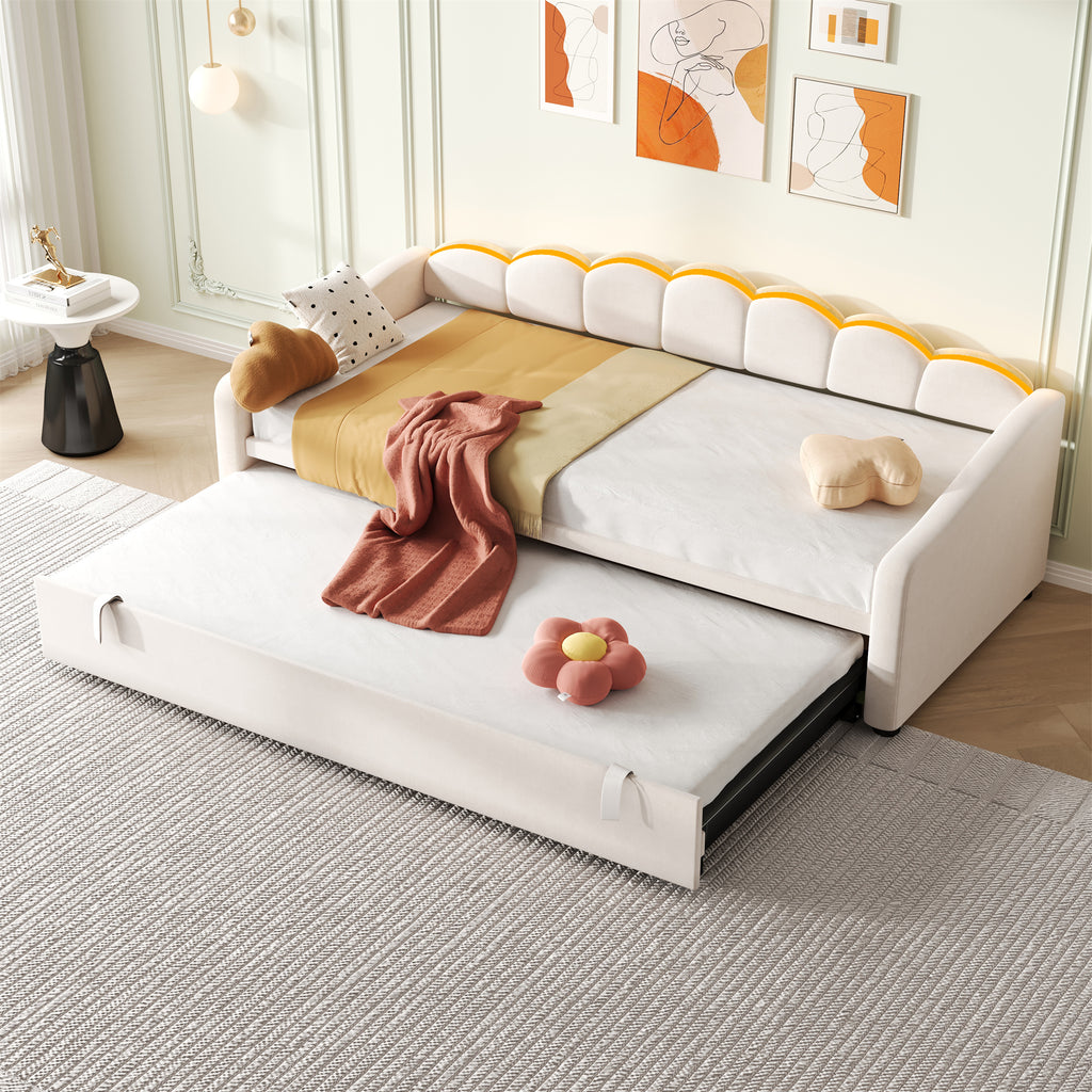 Upholstered Bed 90x190cm, Daybed, Sofa Bed with RGB LED Lighting, 3ft Petal Shape Single Bed with Trundle,Pull out Trundle Bed for Living Room/ Bedroom/ Study Room, Velvet, Beige (No Mattress)