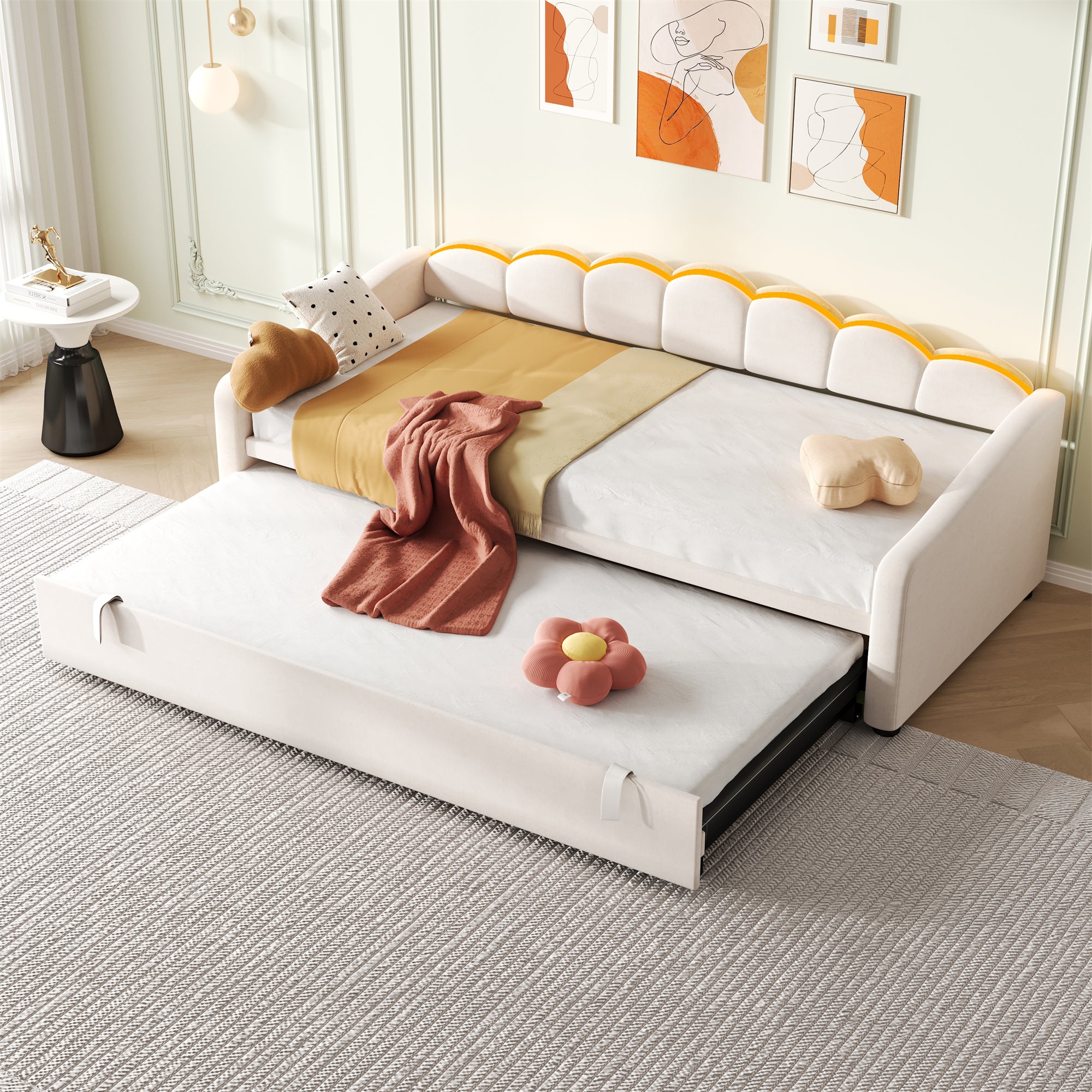 Upholstered Bed 90x190cm, Daybed, Sofa Bed with RGB LED Lighting, 3ft Petal Shape Single Bed with Trundle,Pull out Trundle Bed for Living Room/ Bedroom/ Study Room, Velvet, Beige (No Mattress)
