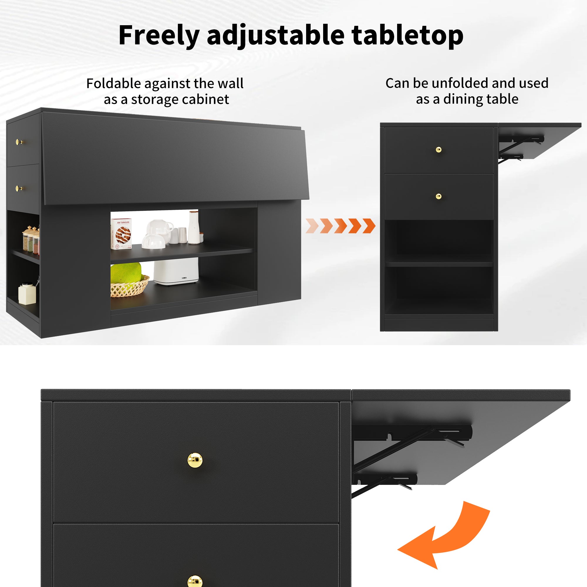 Modern kitchen island, sideboard, kitchen cabinet with drawers and shelves, sideboard for kitchen & dining room, black