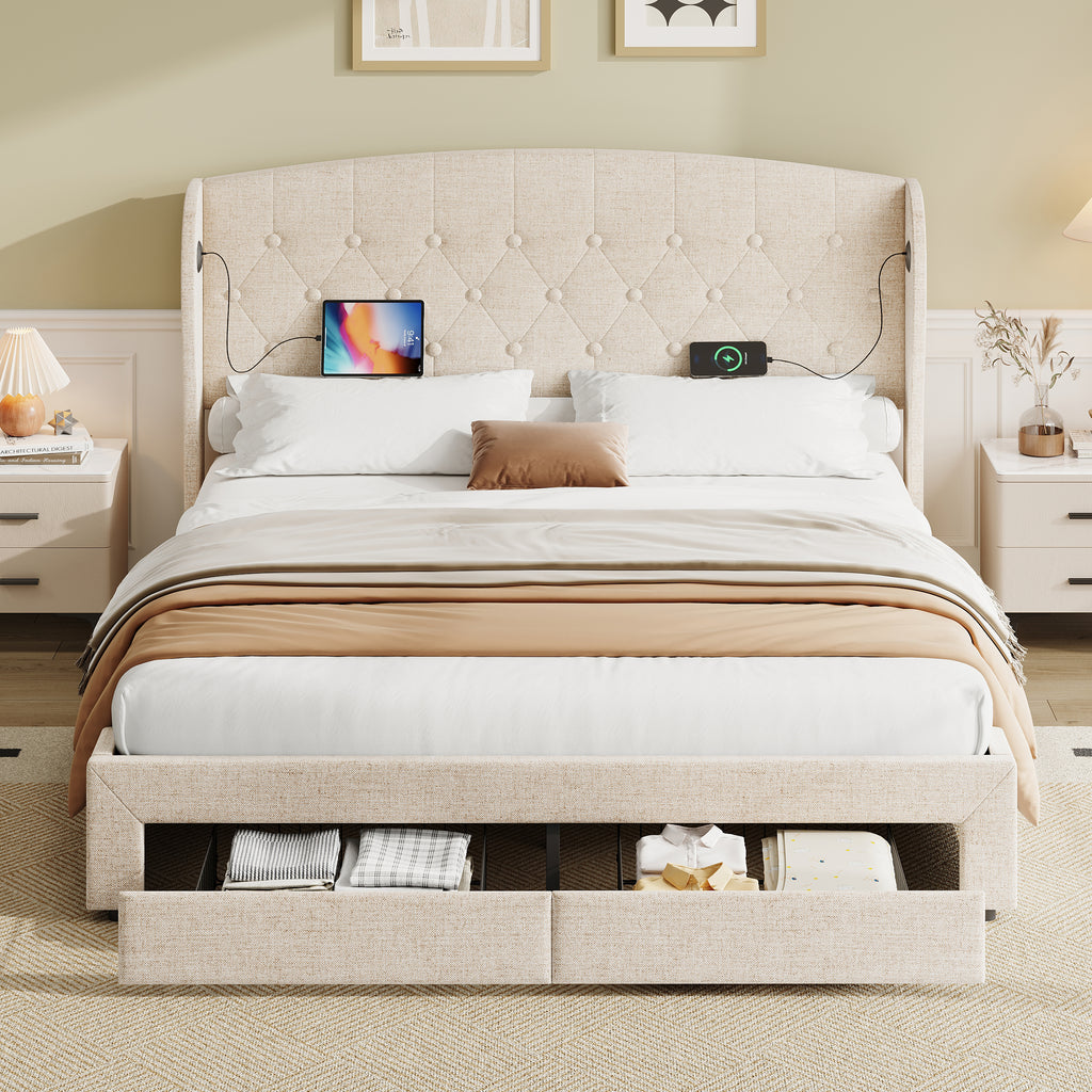 Double Upholstered Bed with Hydraulic and Drawers Storage, Button tufted Headboard with Wingback and Charging Station,  USB and Type - C Ports, No Box Spring Needed, Linen, Beige (No Mattress)