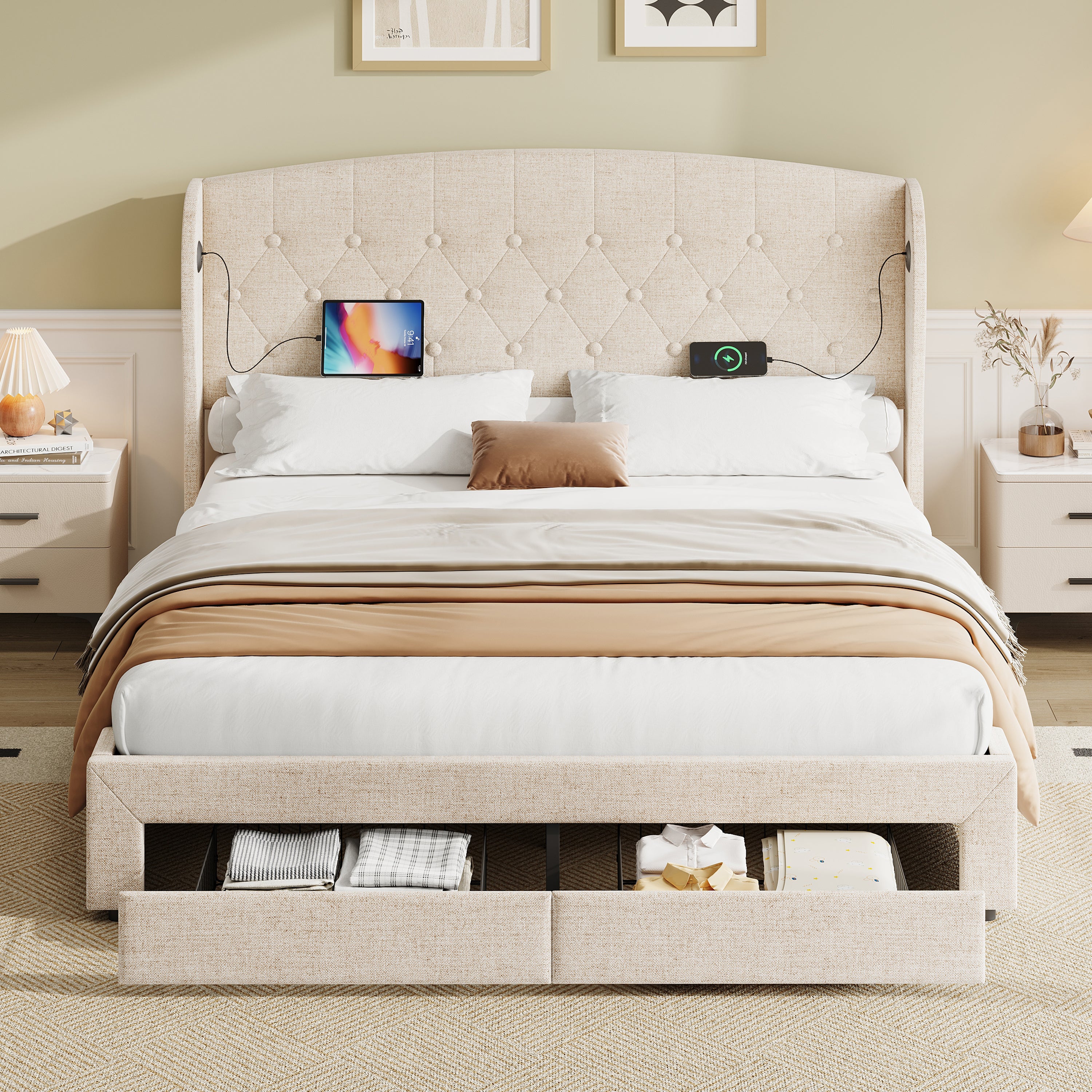 Double Upholstered Bed with Hydraulic and Drawers Storage, Button tufted Headboard with Wingback and Charging Station,  USB and Type - C Ports, No Box Spring Needed, Linen, Beige (No Mattress)