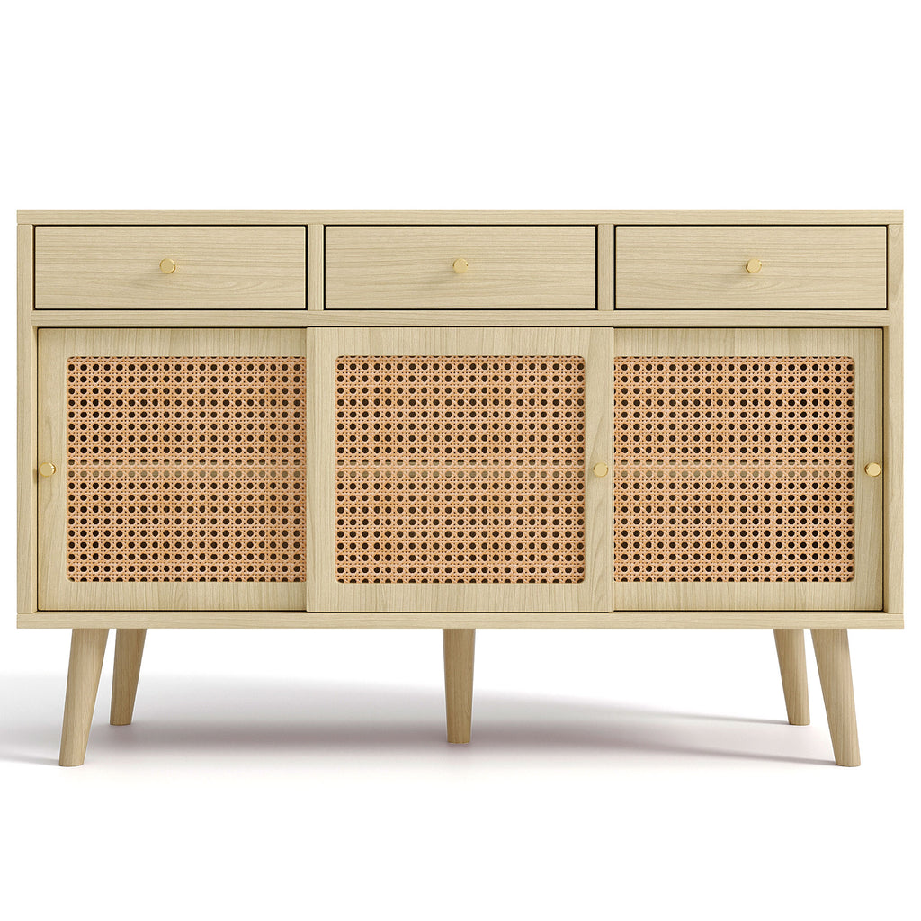 Modern retro rattan door sideboard 120*40*78cm, three drawer storage cabinet, wooden frame, stylish leg design, suitable for living room, dining room and entrance