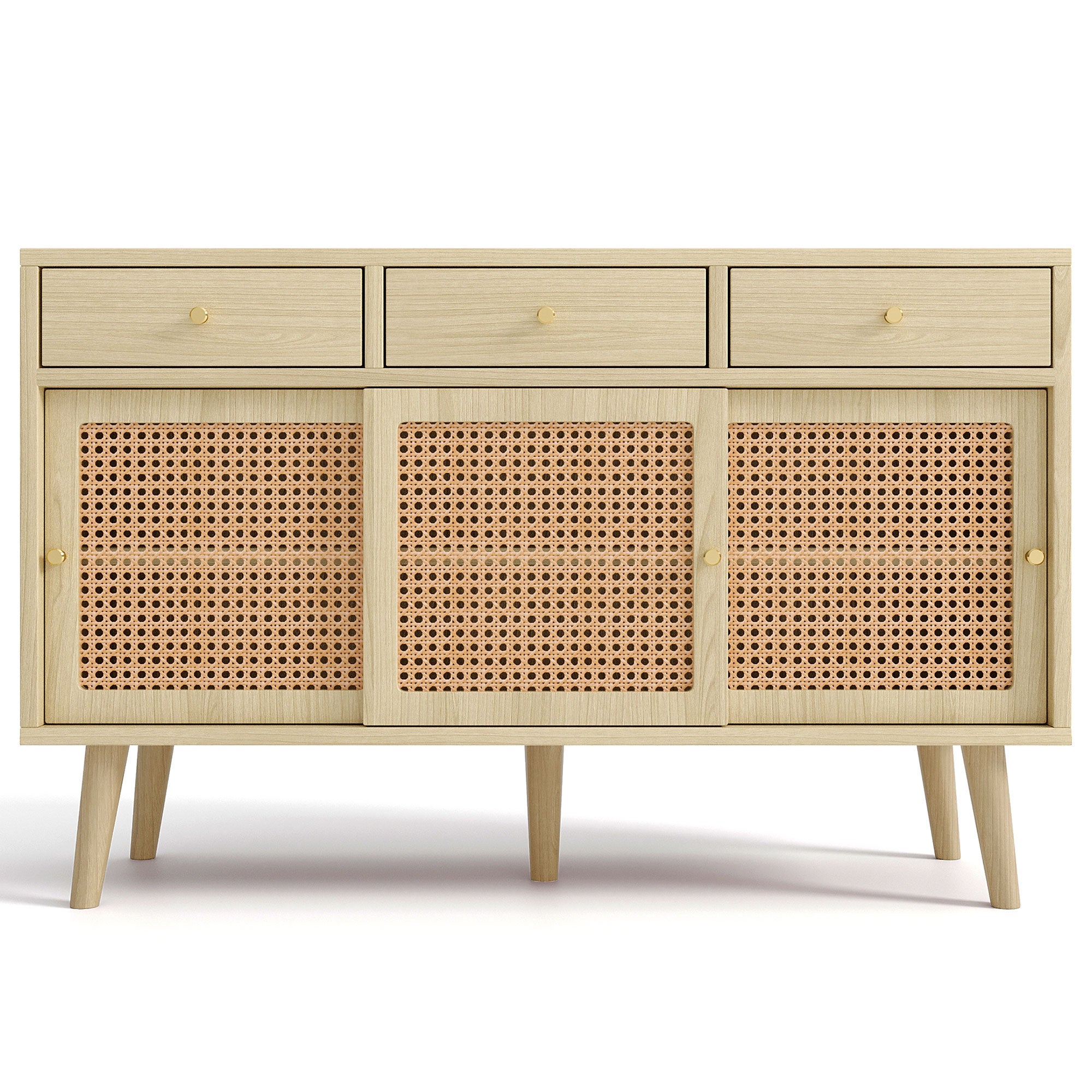 Modern retro rattan door sideboard 120*40*78cm, three drawer storage cabinet, wooden frame, stylish leg design, suitable for living room, dining room and entrance