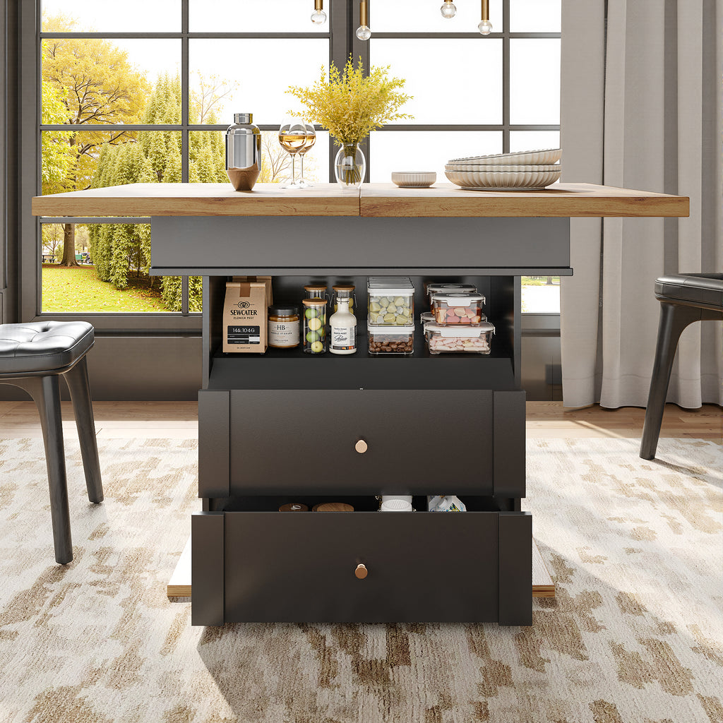 Telescopic dining table (110-140×80 cm), foldable kitchen table for 4-6 people, extendable dining table, space-saving kitchen table, for kitchen and living room, minimalist cabinet door design, black