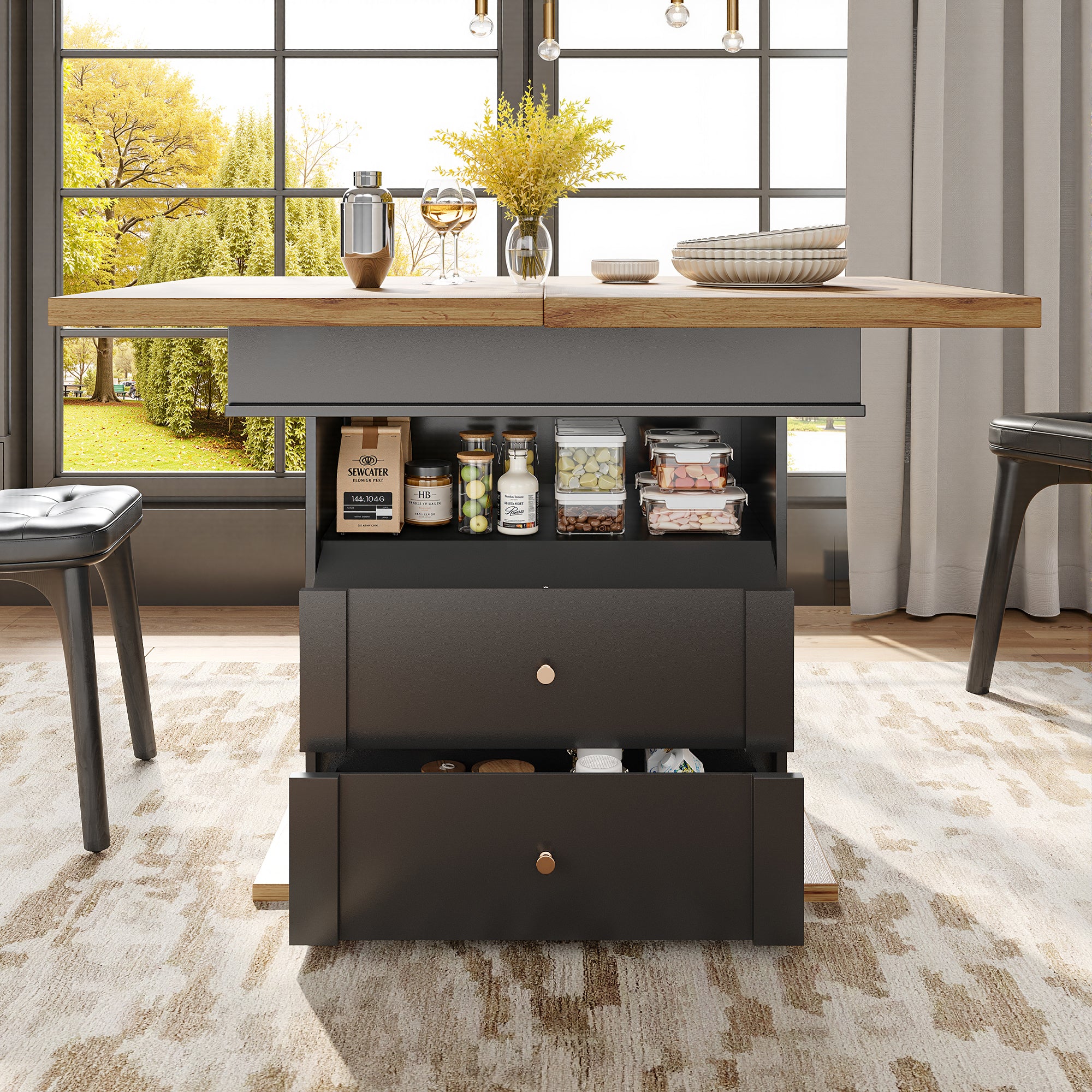 Telescopic dining table (110-140×80 cm), foldable kitchen table for 4-6 people, extendable dining table, space-saving kitchen table, for kitchen and living room, minimalist cabinet door design, black