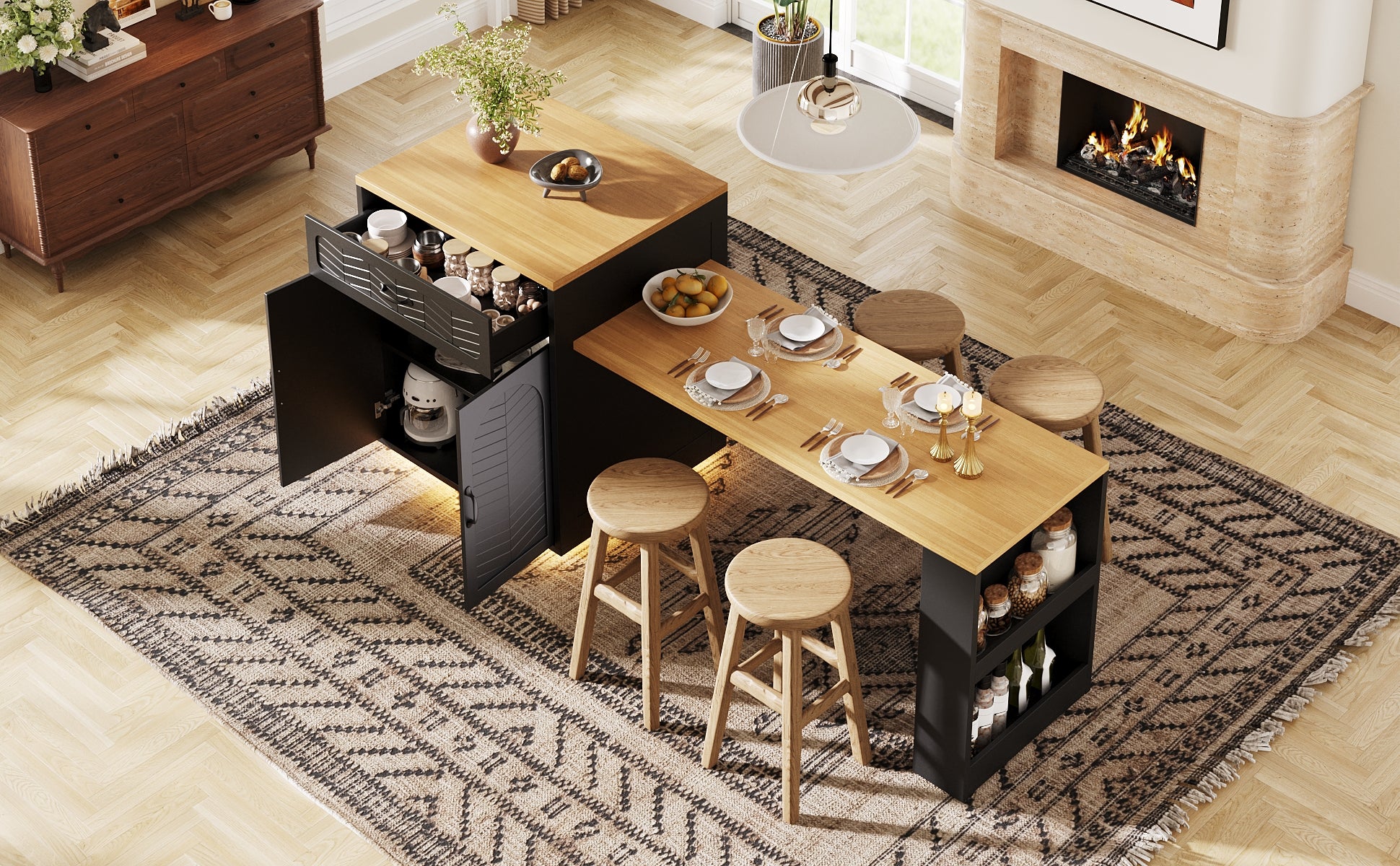 Extendable Kitchen Island with Dining Table, Multifunctional Storage Cabinet with Drawers, Doors, Wine Rack & LED Light, for Kitchen & Dining Room