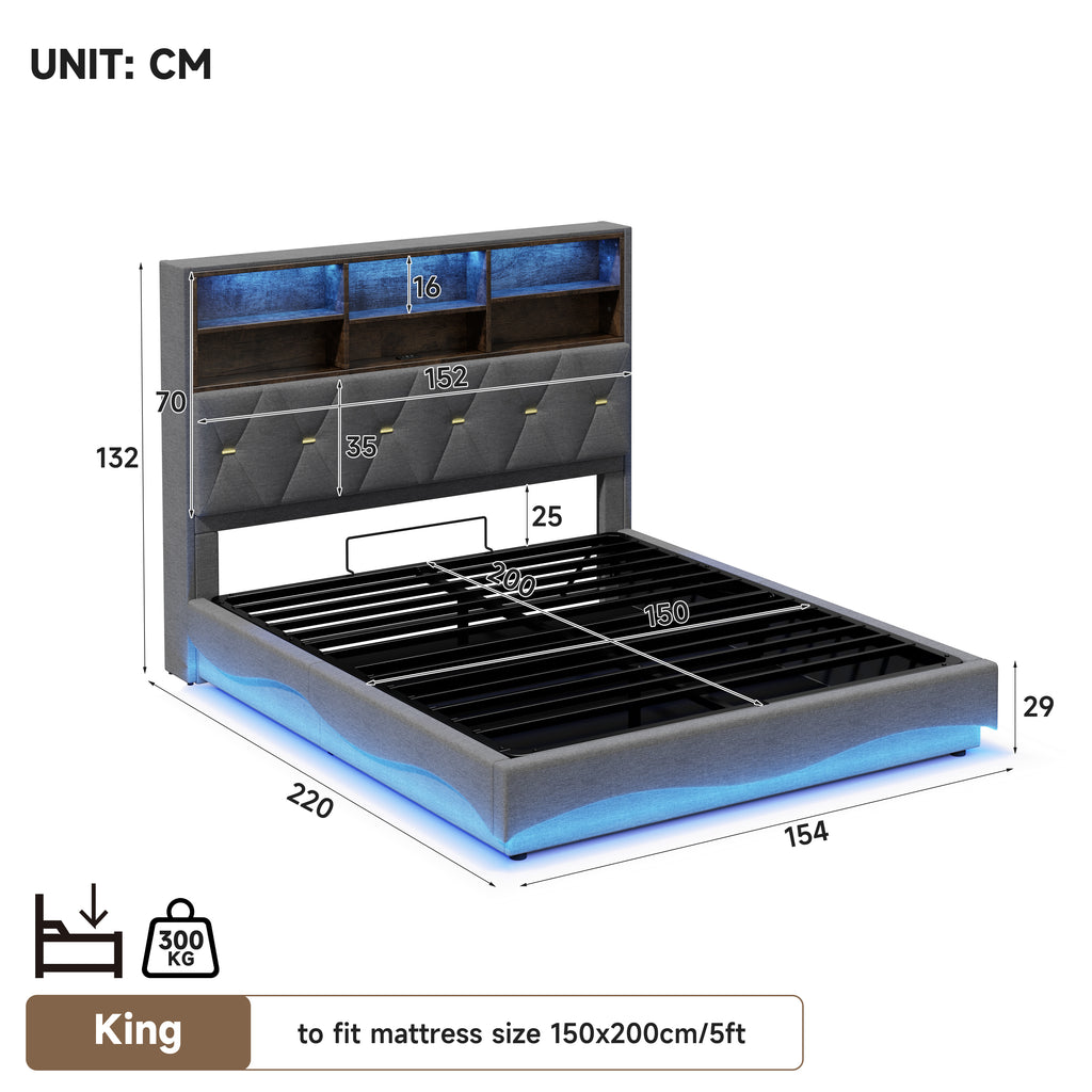 5ft King Upholstered Bed Frame with Hydraulic Storage, Wavy LED Heightened Headboard with Charging Station, USB and Type - C Ports, Linen, No Box Spring Needed, Grey (No Mattress)