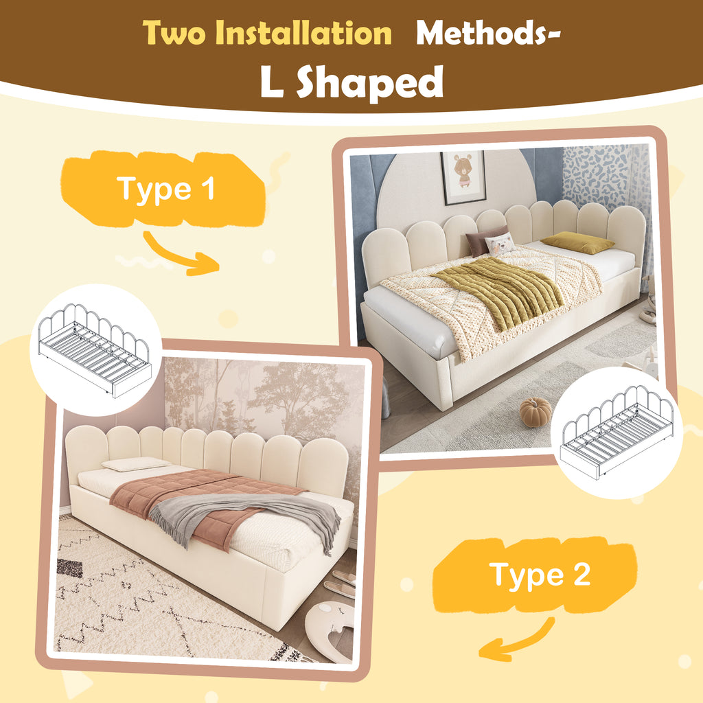 Upholstered Bed Daybed with Pull-Out Bed, 3FT Single Sofa Bed 90 x 190 cm, Guest Beds for Adults and Children, Bed with Slatted Frame, Velvet, Beige (No Mattress)
