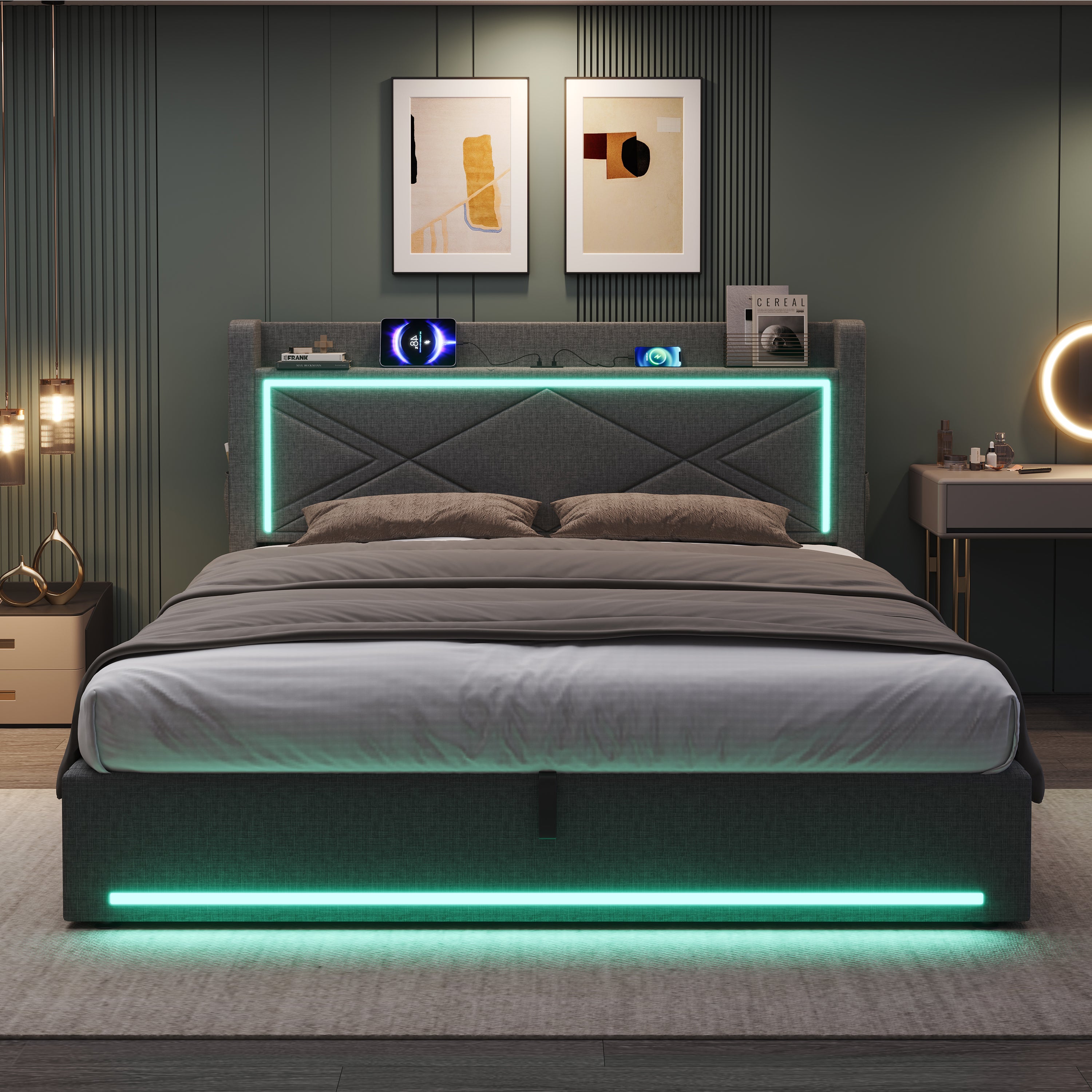 6ft Super King Upholstered Bed Frame with Hydraulic Storage,  Linen Ottoman Bed with LED Lighting and Charging Station, USB and Type - C Ports, No Box Spring Needed, Grey (No Mattress)