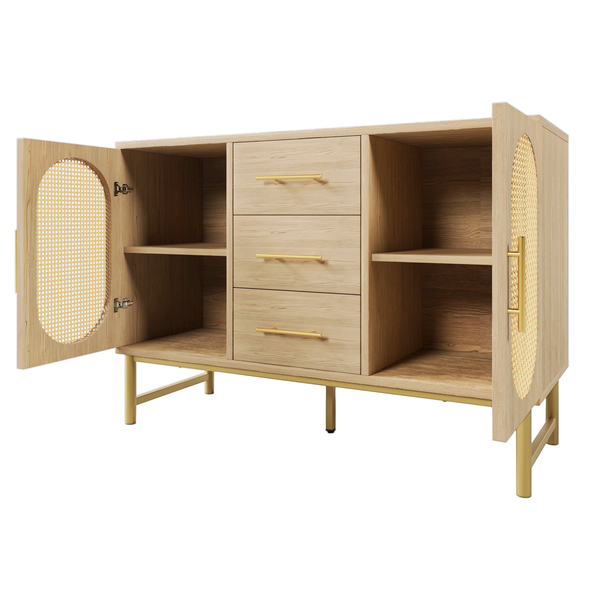 Rattan Sideboard Storage Cabinet  with 2 Doors 3 Drawers, Storage Cabinet for Living Room, Bedroom, and Hallway, Metal Handles, Adjustable Shelves, Anti-Tip, 120 x 40 x 74 cm, Oak