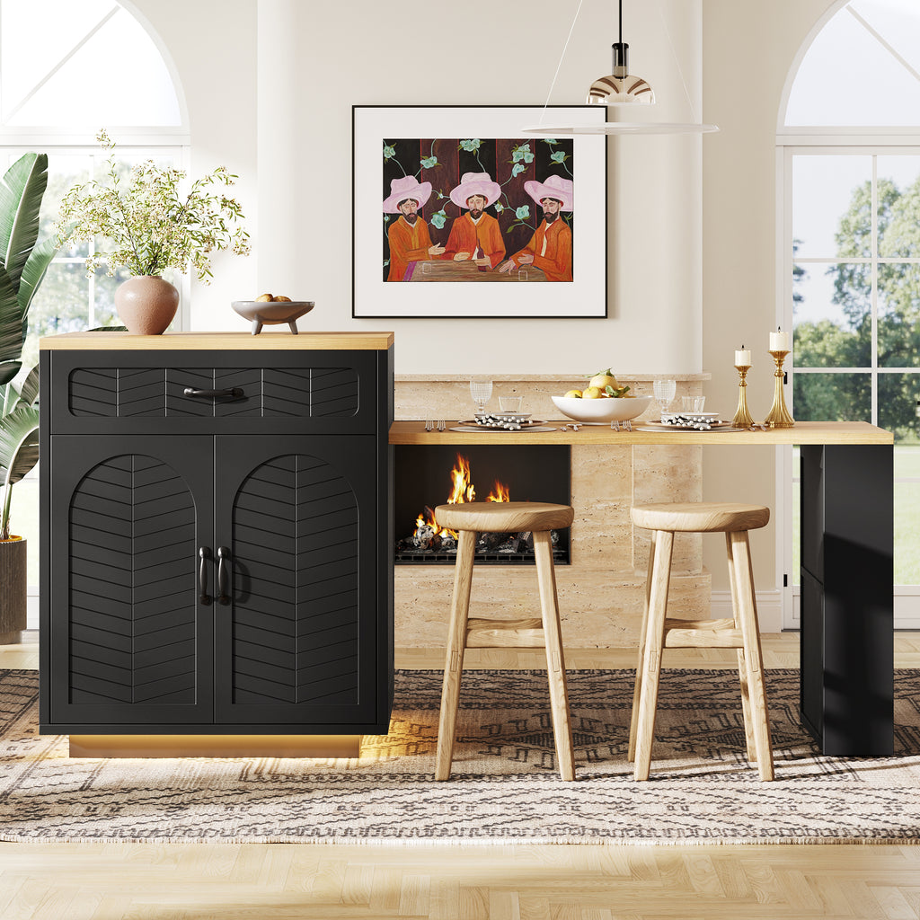 Extendable Kitchen Island with Dining Table, Multifunctional Storage Cabinet with Drawers, Doors, Wine Rack & LED Light, for Kitchen & Dining Room