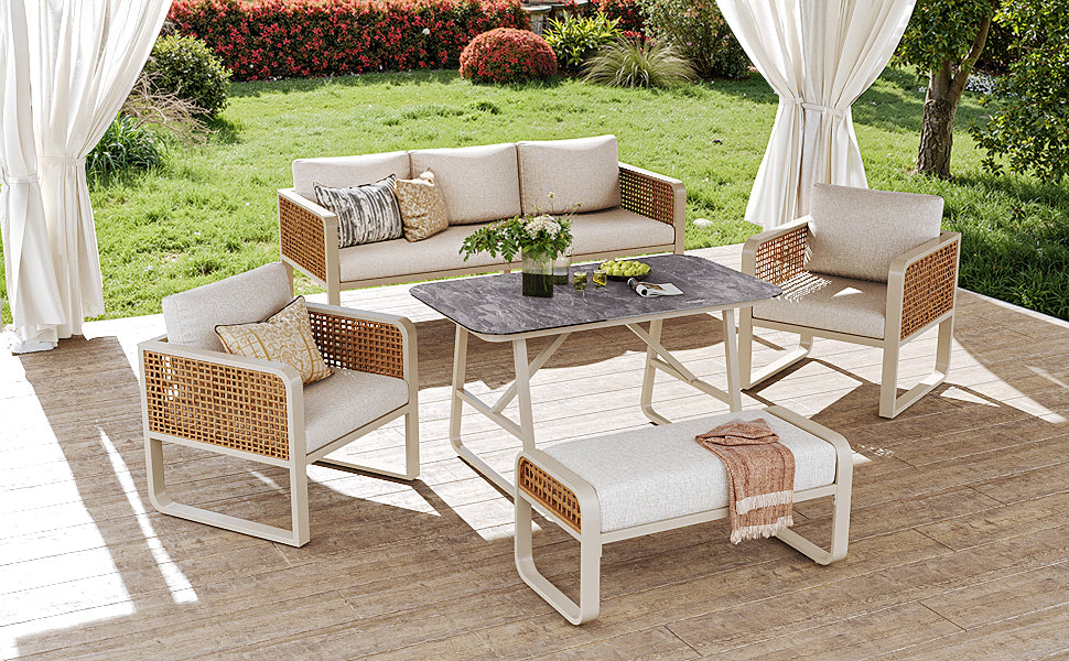 Garden Lounge Set for 6-7 People, PE Rattan Seating Group incl. Side Table, Garden Sofa with Washable Cushions, Adjustable Feet for Terrace, Balcony, Garden, Beige
