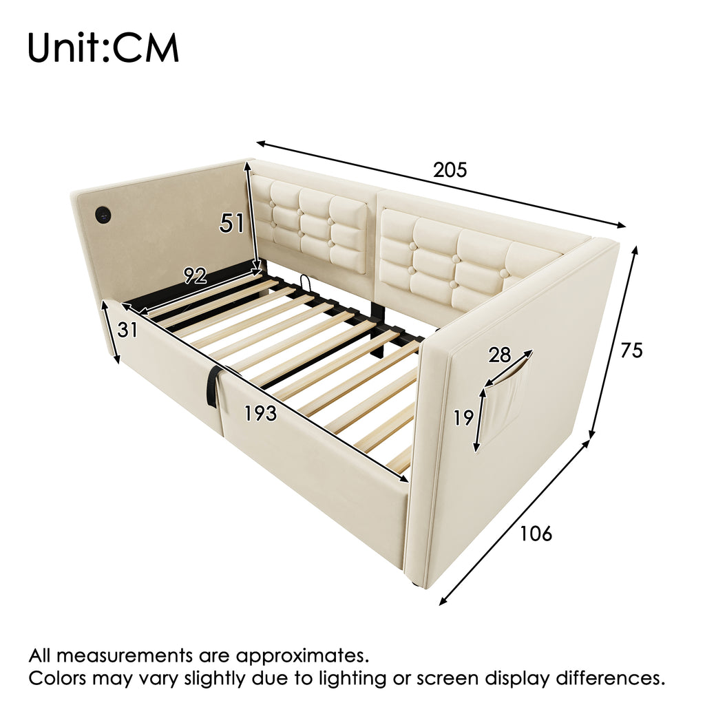Daybed Upholstered Bed 90 x 190 cm, 3FT Single Sofa Bed with USB &Type-C Charging Station,  Hydraulic Storage Bed for Living Room and Bedroom, Velvet, Beige (No Mattress)