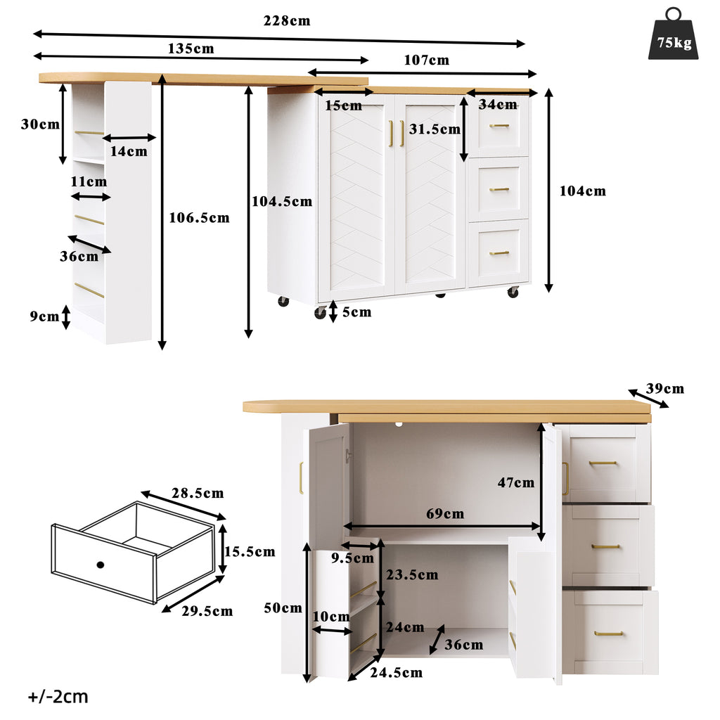 Extendable Bar Cart with 2 Doors & 3 Drawers (135-228 x 39 x 104 cm), Rollable, Home Bar in White, Worktop in Wood Look