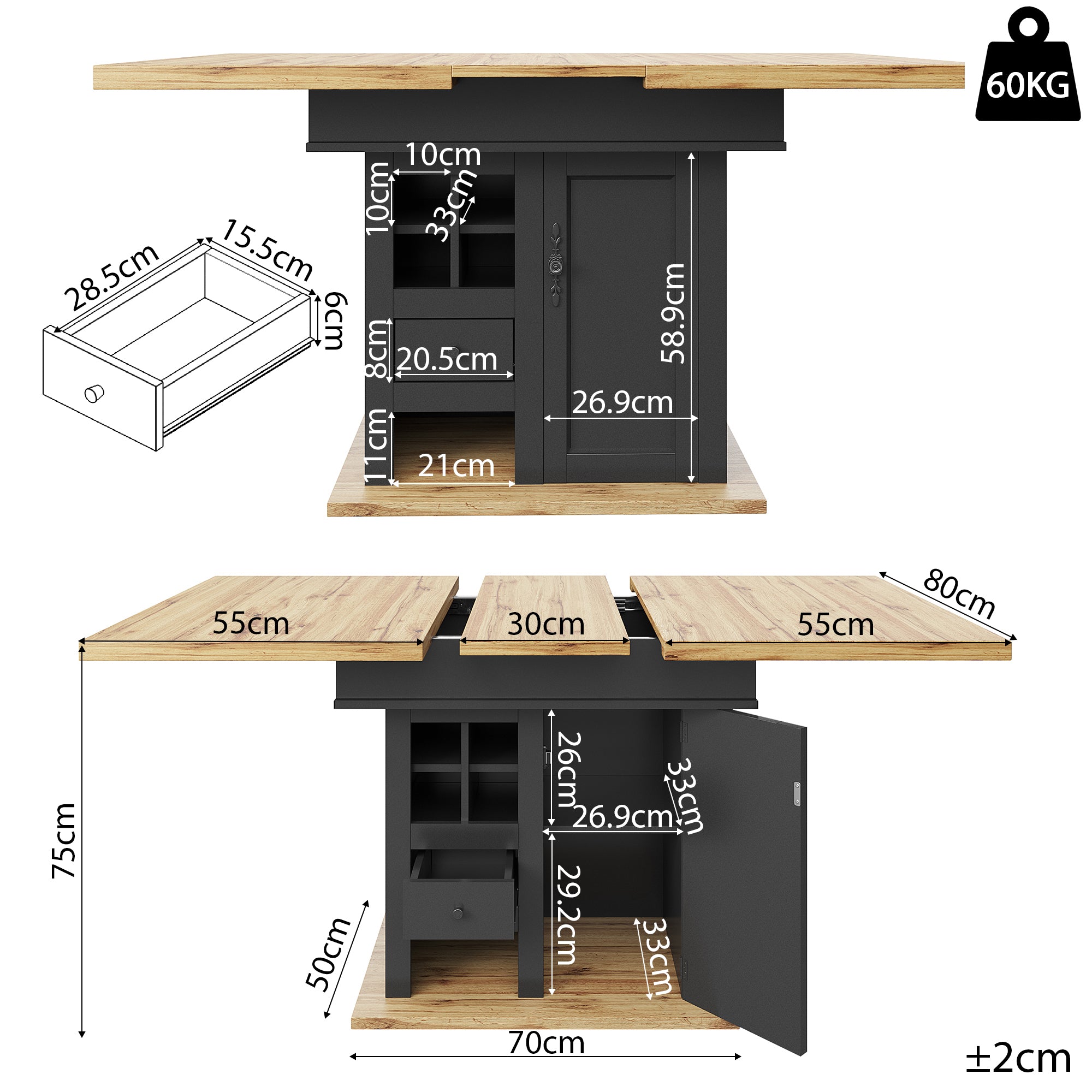 Telescopic dining table (110-140×80cm), foldable kitchen table for 4-6 people, extendable dining table, space-saving kitchen table, for kitchen and living room, dining table with wine rack and drawers