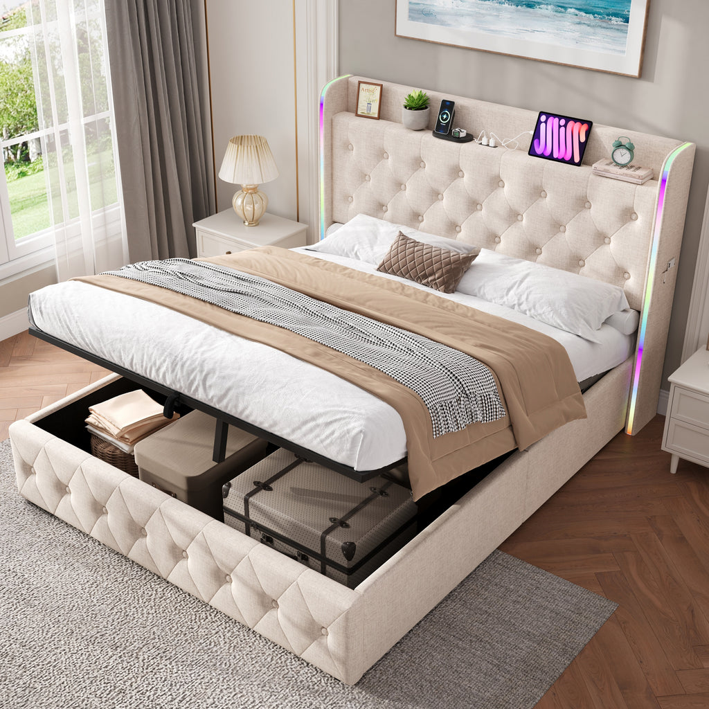 4ft6 Double Upholstered Bed Frame with Hydraulic Storage, LED Headboard with Charging Station and Button-tufted Design, USB and Type-C Ports, Linen, No Box Spring Needed, Beige (No Mattress)