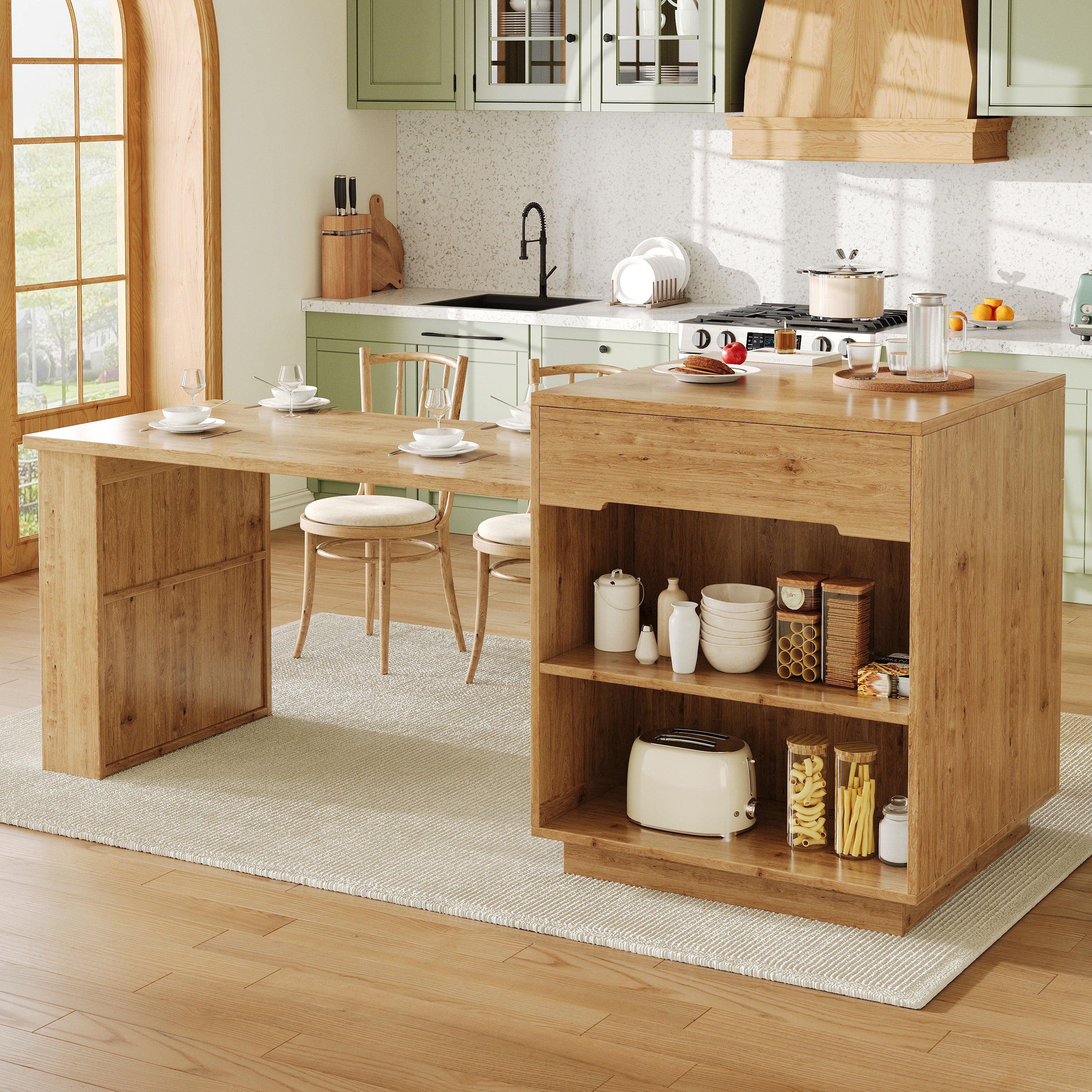 Kitchen Island with Extendable Table, Multifunctional Kitchen Storage Cabinet with LED Lighting (App Control), Oak Effect, Glass Door, for Kitchen & Dining Room