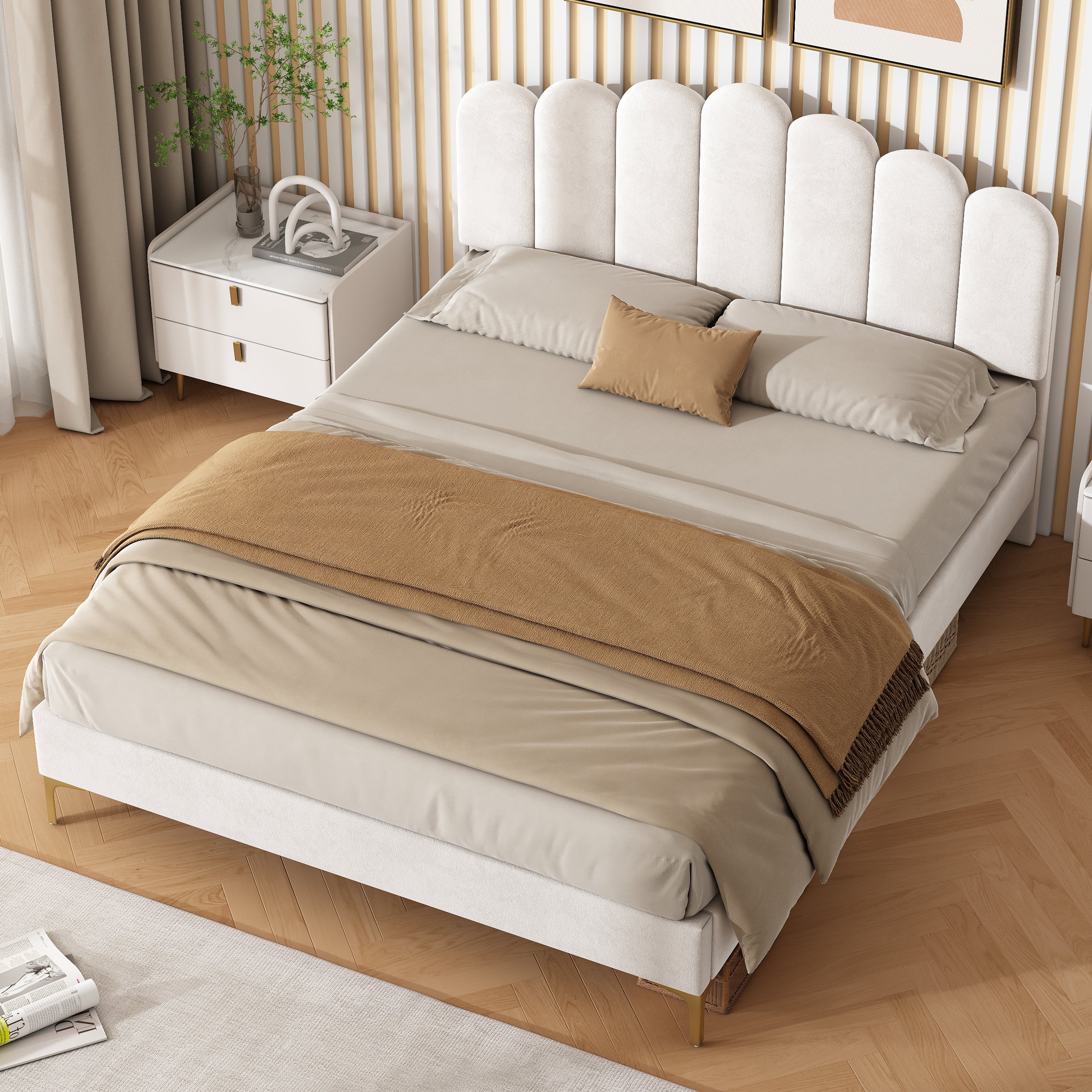 4ft6 Double Premium Velvet Upholstered Bed Frame with Scalloped Channel Tufted Design, Height Adjustable Headboard & Gold Metal Feet, Under-bed Storage Space, No Box Spring Needed, Beige (No Mattress)