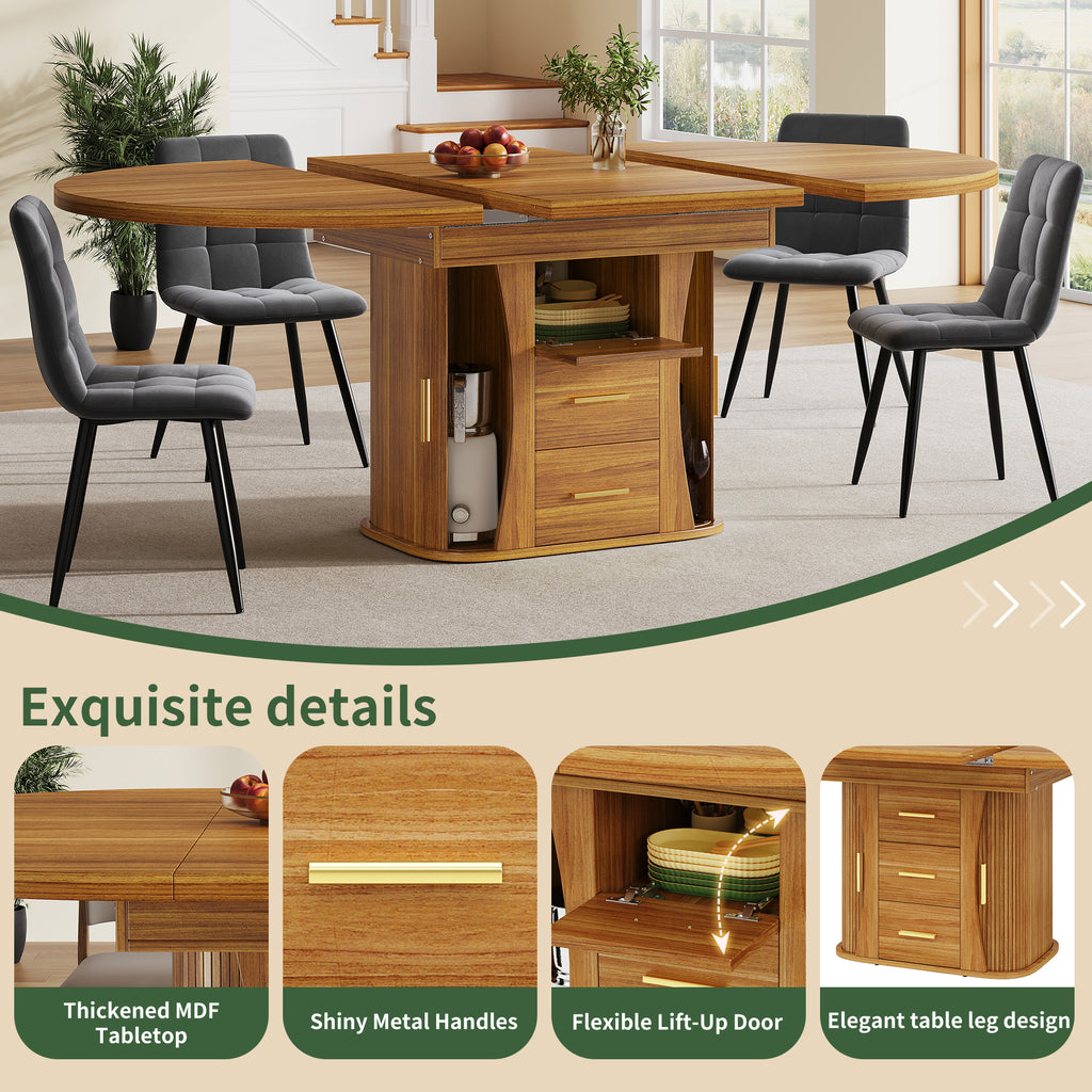 Extendable dining table, dining room table, kitchen table, round dining table, extends to oval, 118-158 cm, seats up to 6 people, three-tier storage, walnut
